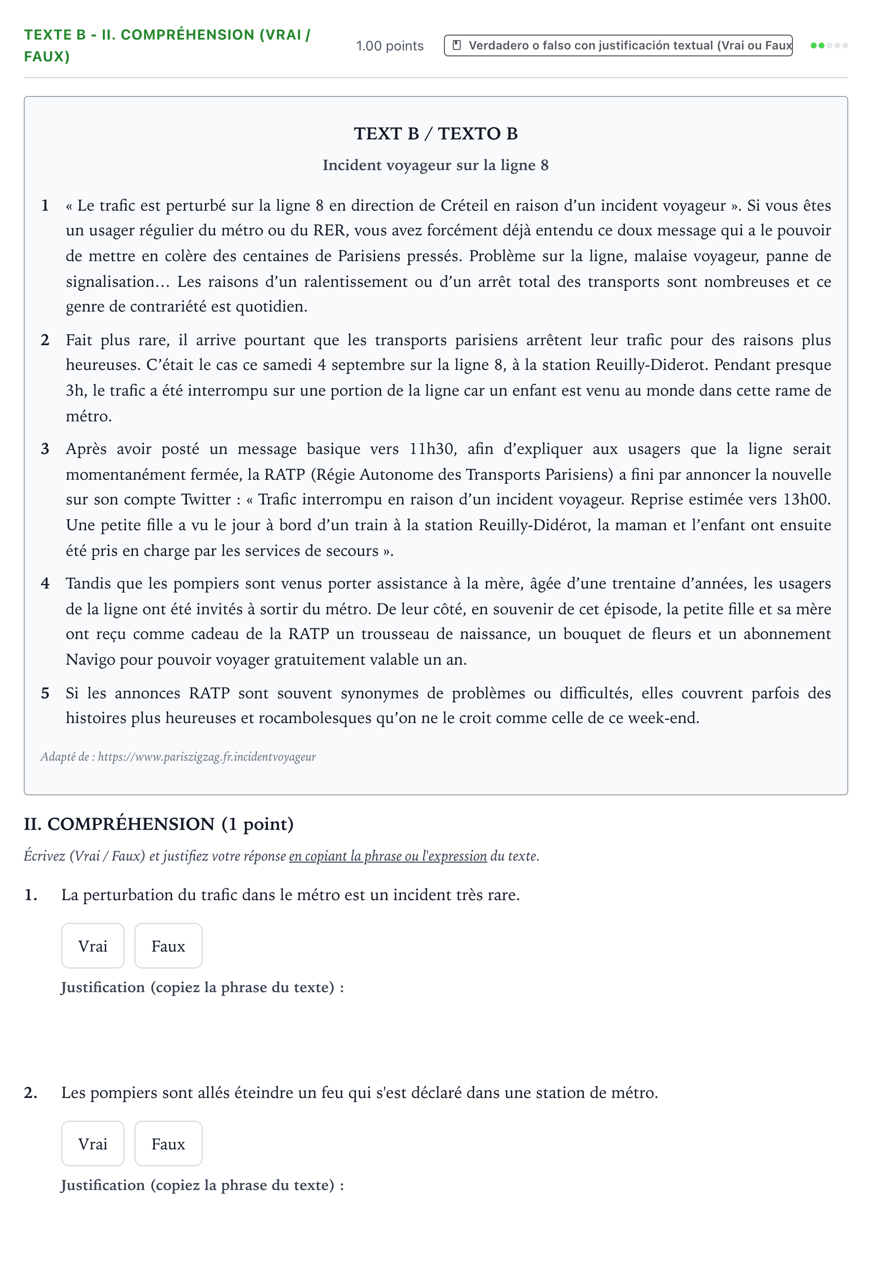 Enunciado: Ejercicio Texte B - II. Compréhension (Vrai / Faux) · Francés PAU Valencia Extraordinaria 2022