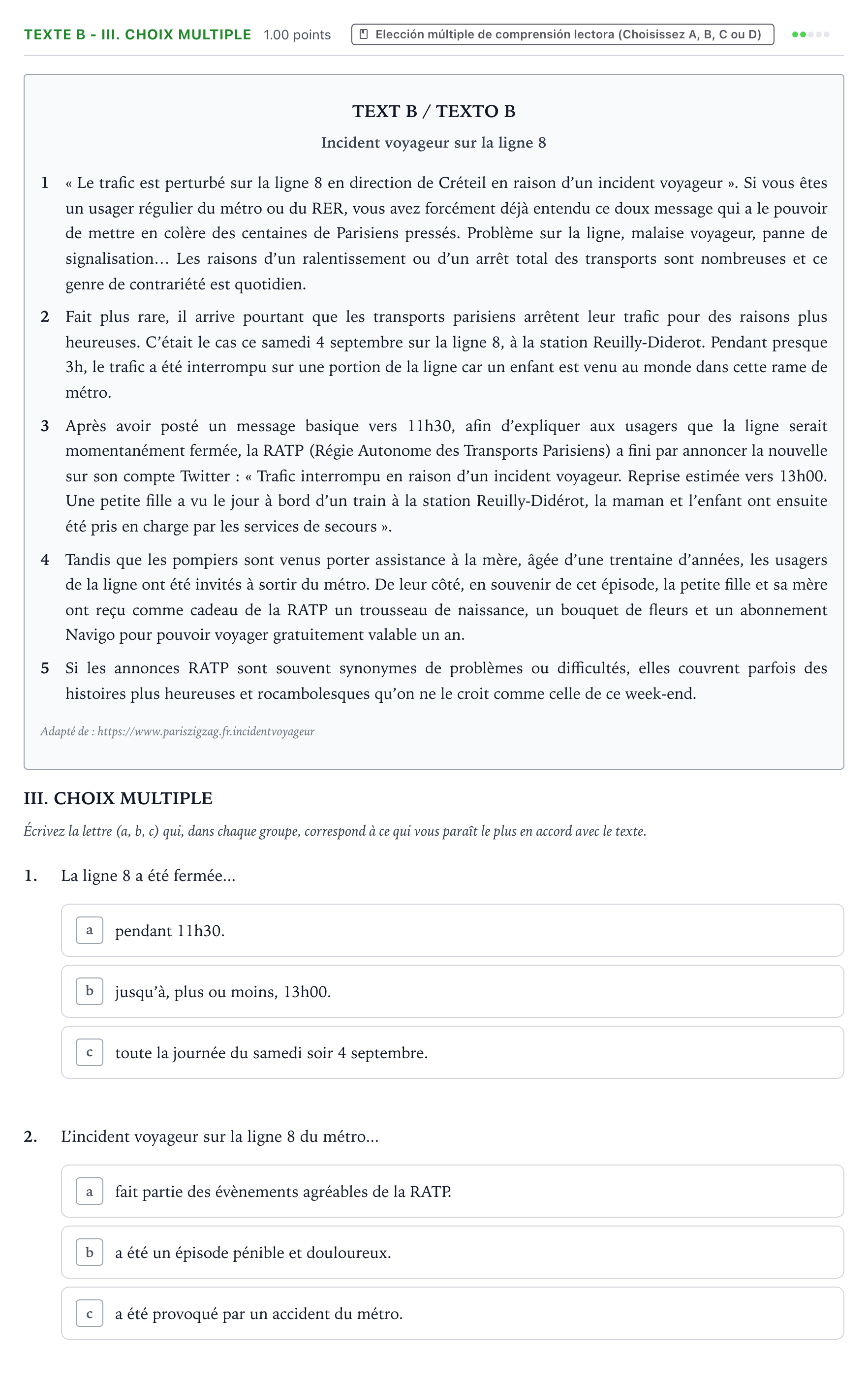 Enunciado: Ejercicio Texte B - III. Choix multiple · Francés PAU Valencia Extraordinaria 2022