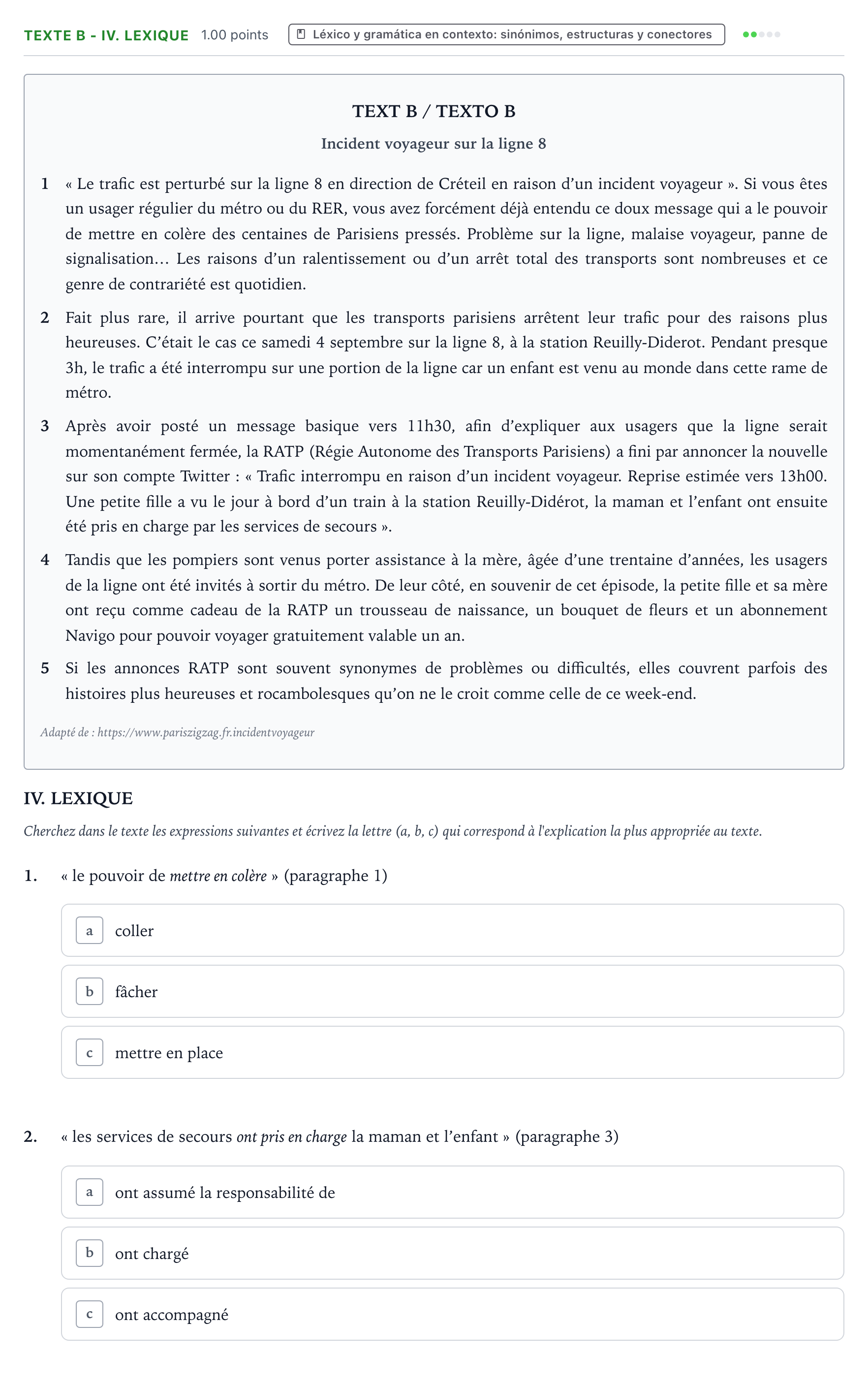Enunciado: Ejercicio Texte B - IV. Lexique · Francés PAU Valencia Extraordinaria 2022