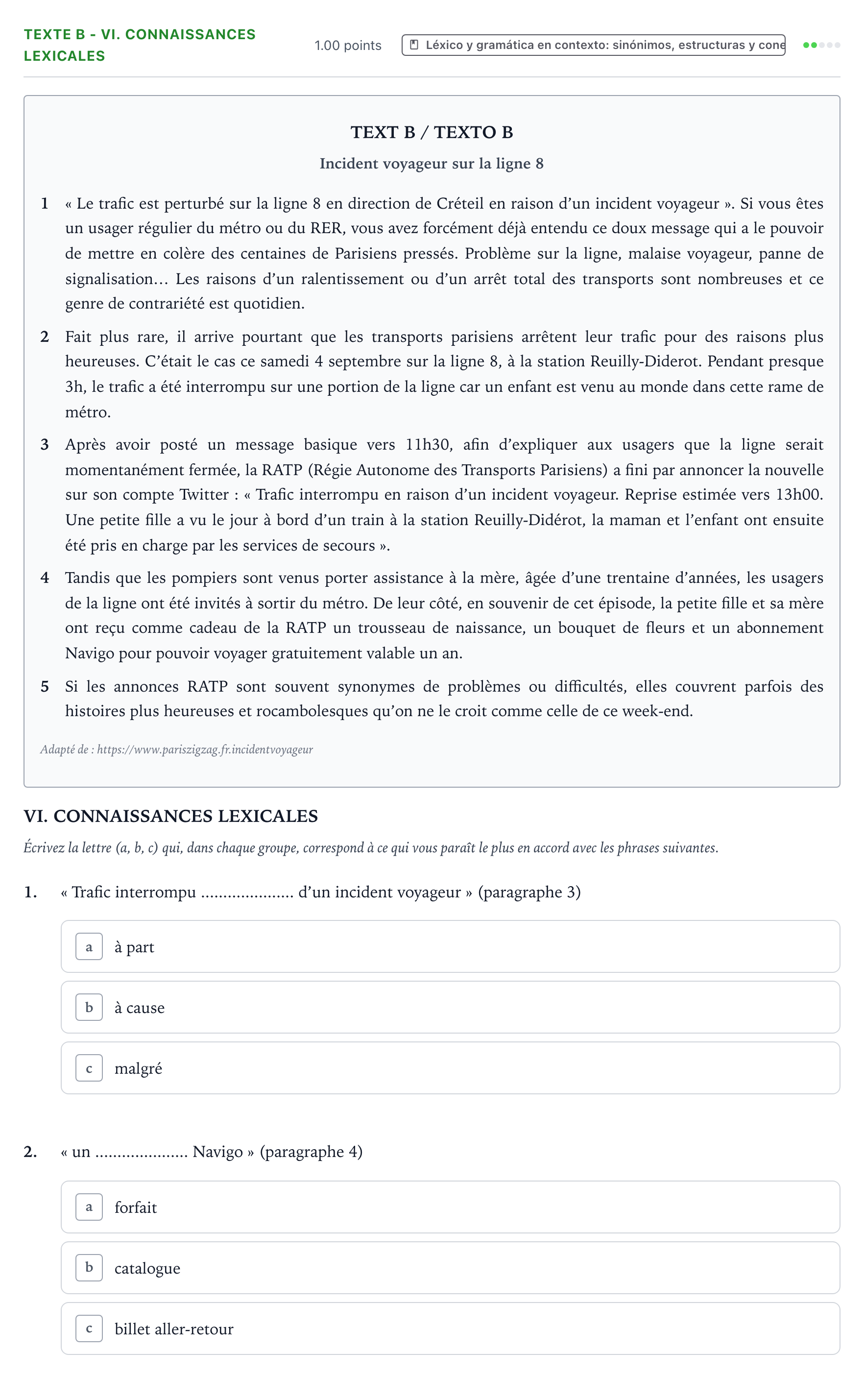 Enunciado: Ejercicio Texte B - VI. Connaissances lexicales · Francés PAU Valencia Extraordinaria 2022