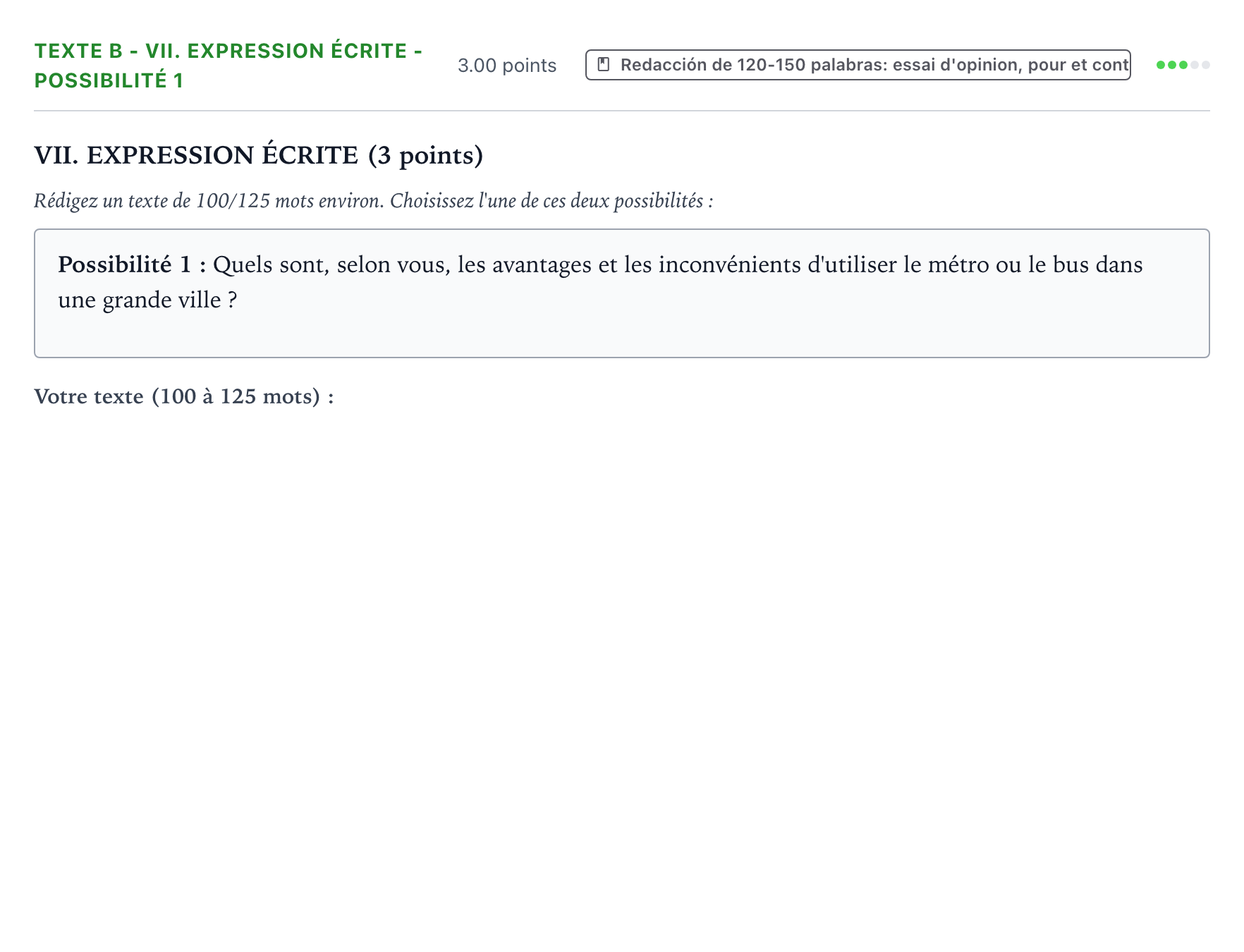 Enunciado: Ejercicio Texte B - VII. Expression écrite - Possibilité 1 · Francés PAU Valencia Extraordinaria 2022
