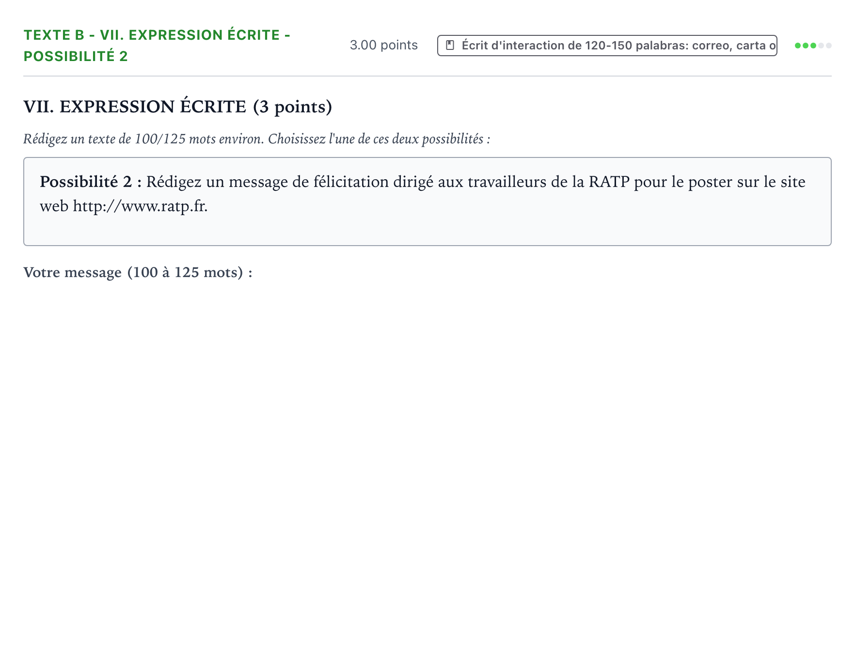 Enunciado: Ejercicio Texte B - VII. Expression écrite - Possibilité 2 · Francés PAU Valencia Extraordinaria 2022