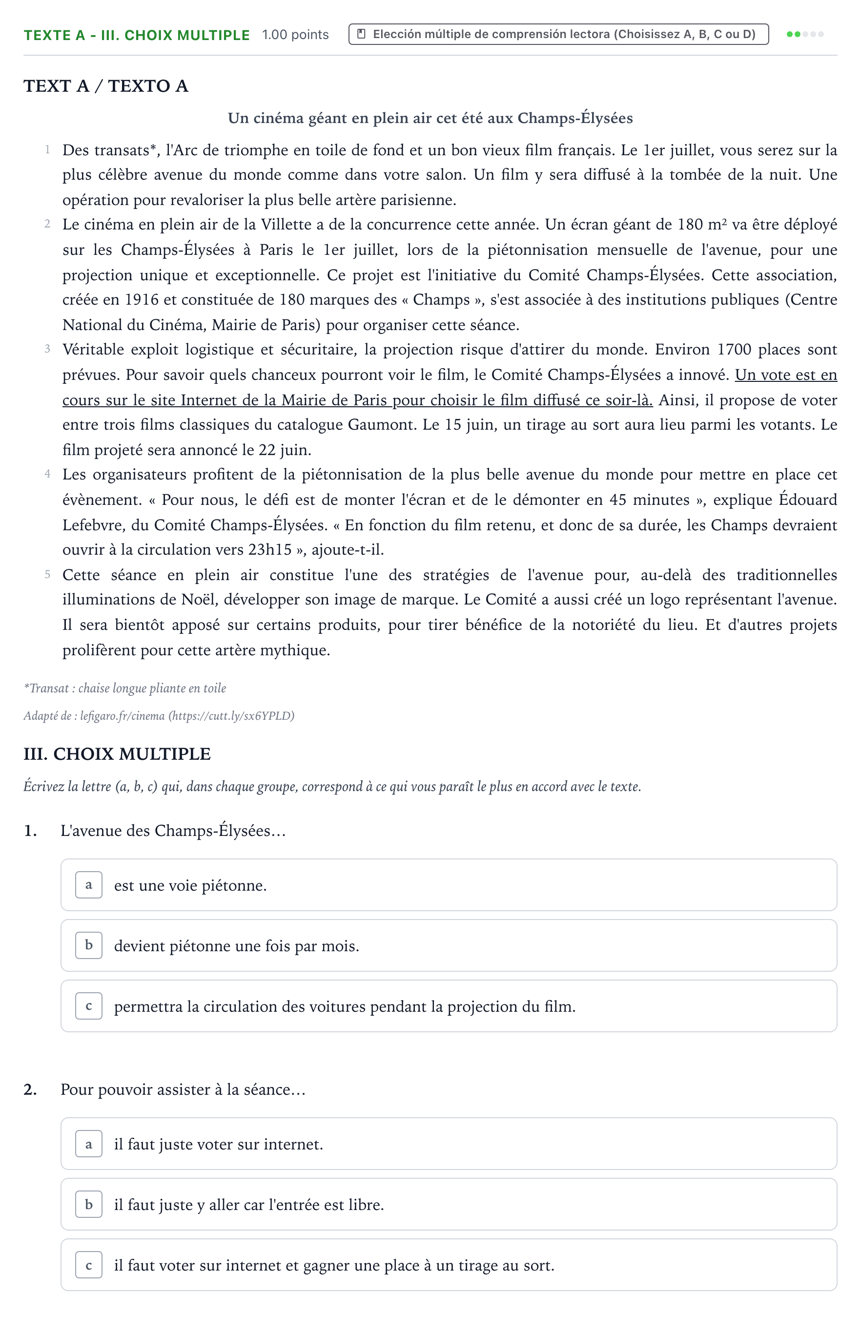 Enunciado: Ejercicio Texte A - III. Choix multiple · Francés PAU Valencia Ordinaria 2022