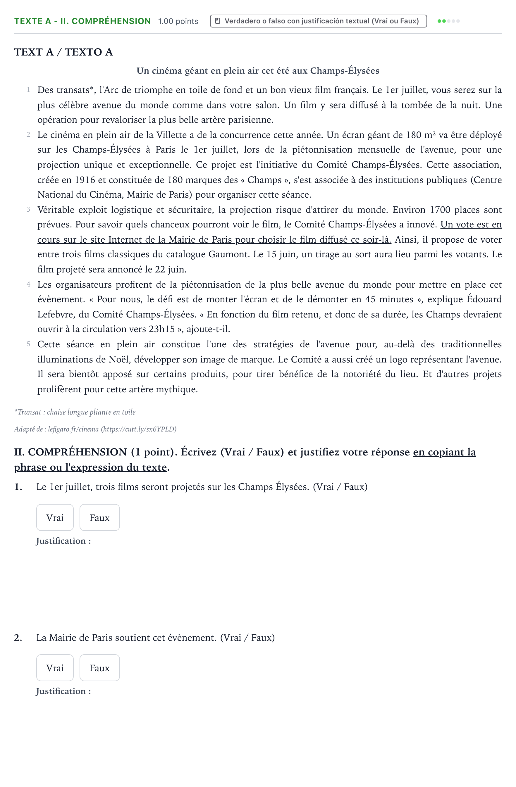 Enunciado: Ejercicio Texte A - II. Compréhension · Francés PAU Valencia Ordinaria 2022