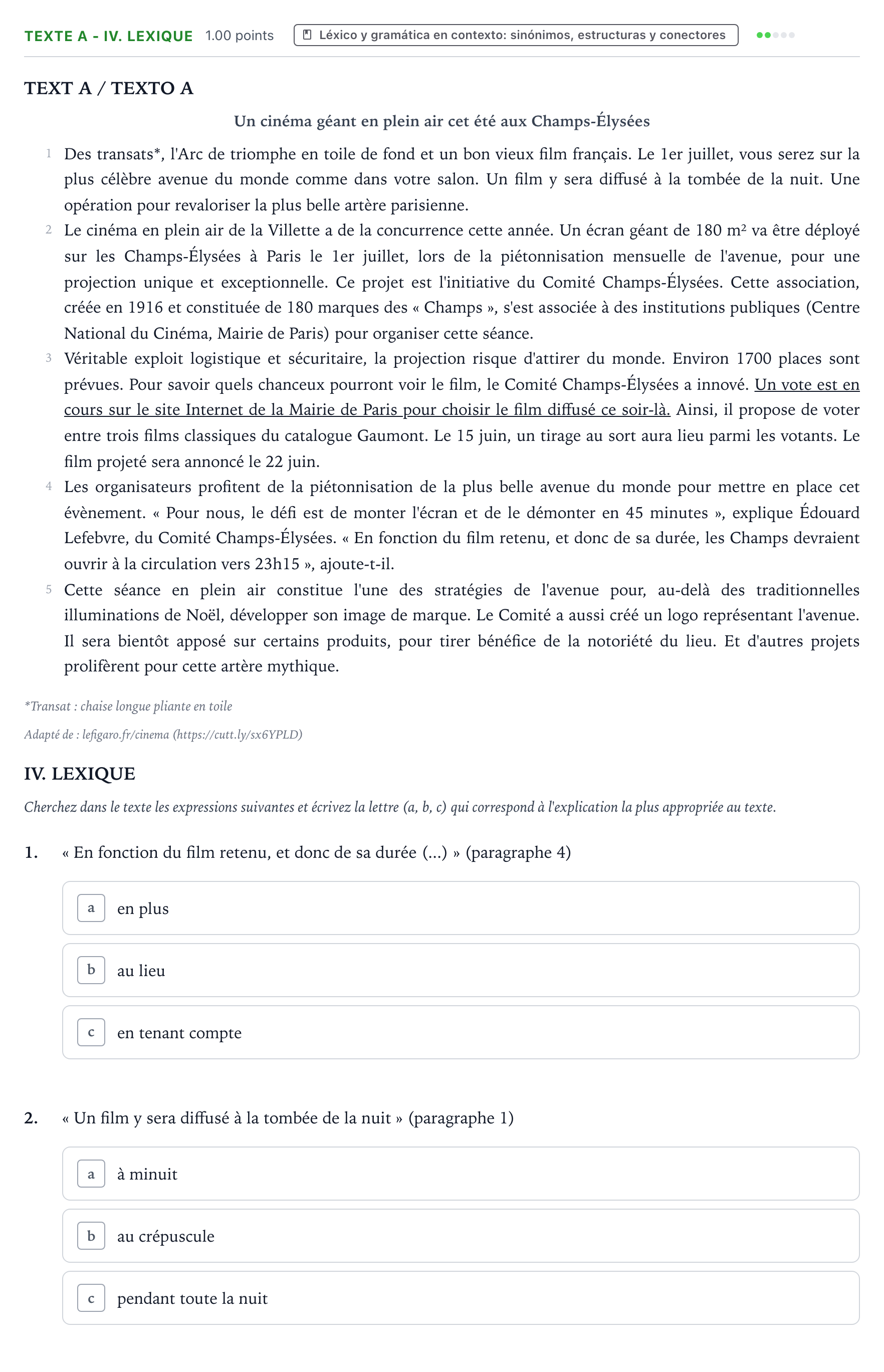 Enunciado: Ejercicio Texte A - IV. Lexique · Francés PAU Valencia Ordinaria 2022