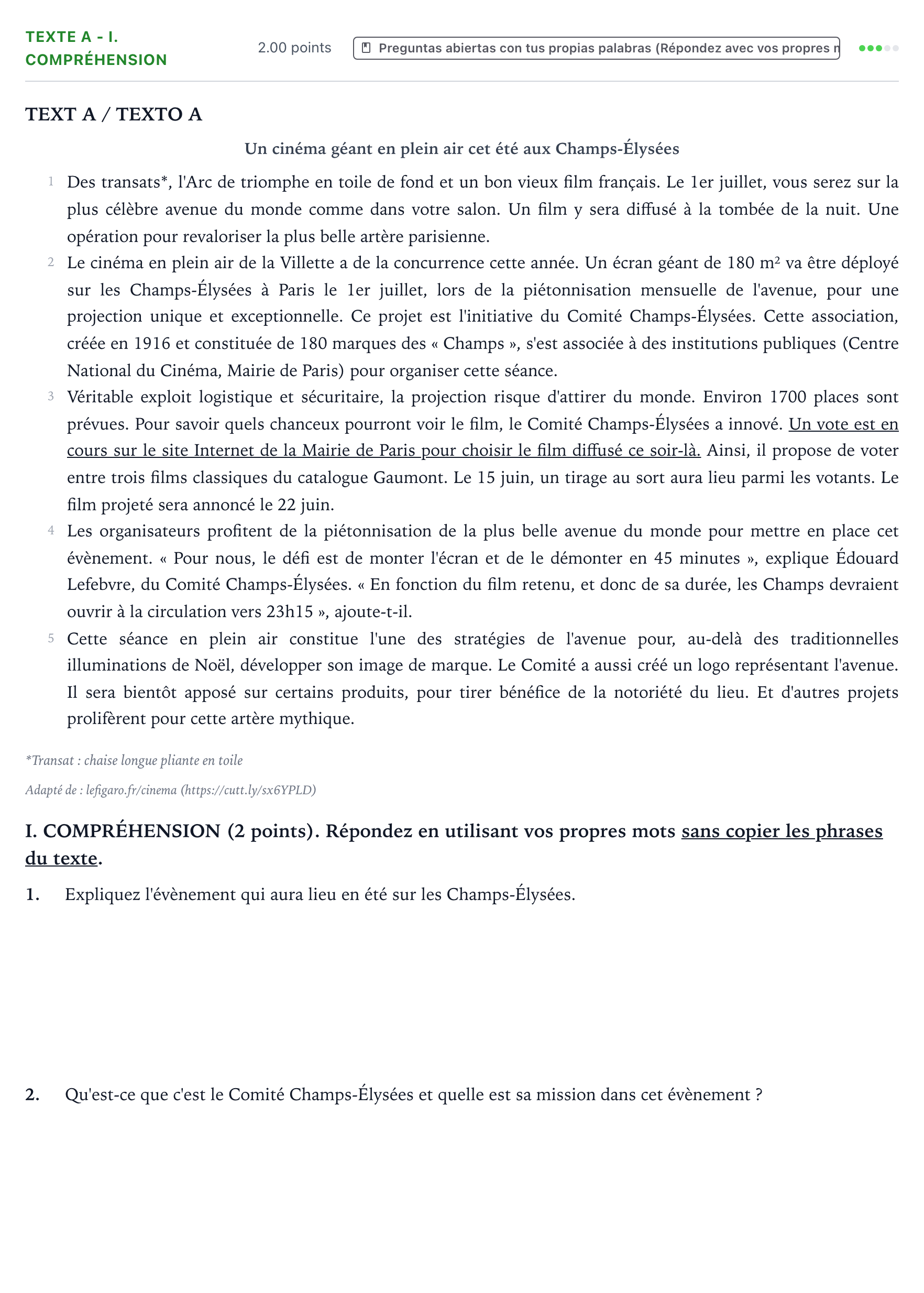 Enunciado: Ejercicio Texte A - I. Compréhension · Francés PAU Valencia Ordinaria 2022