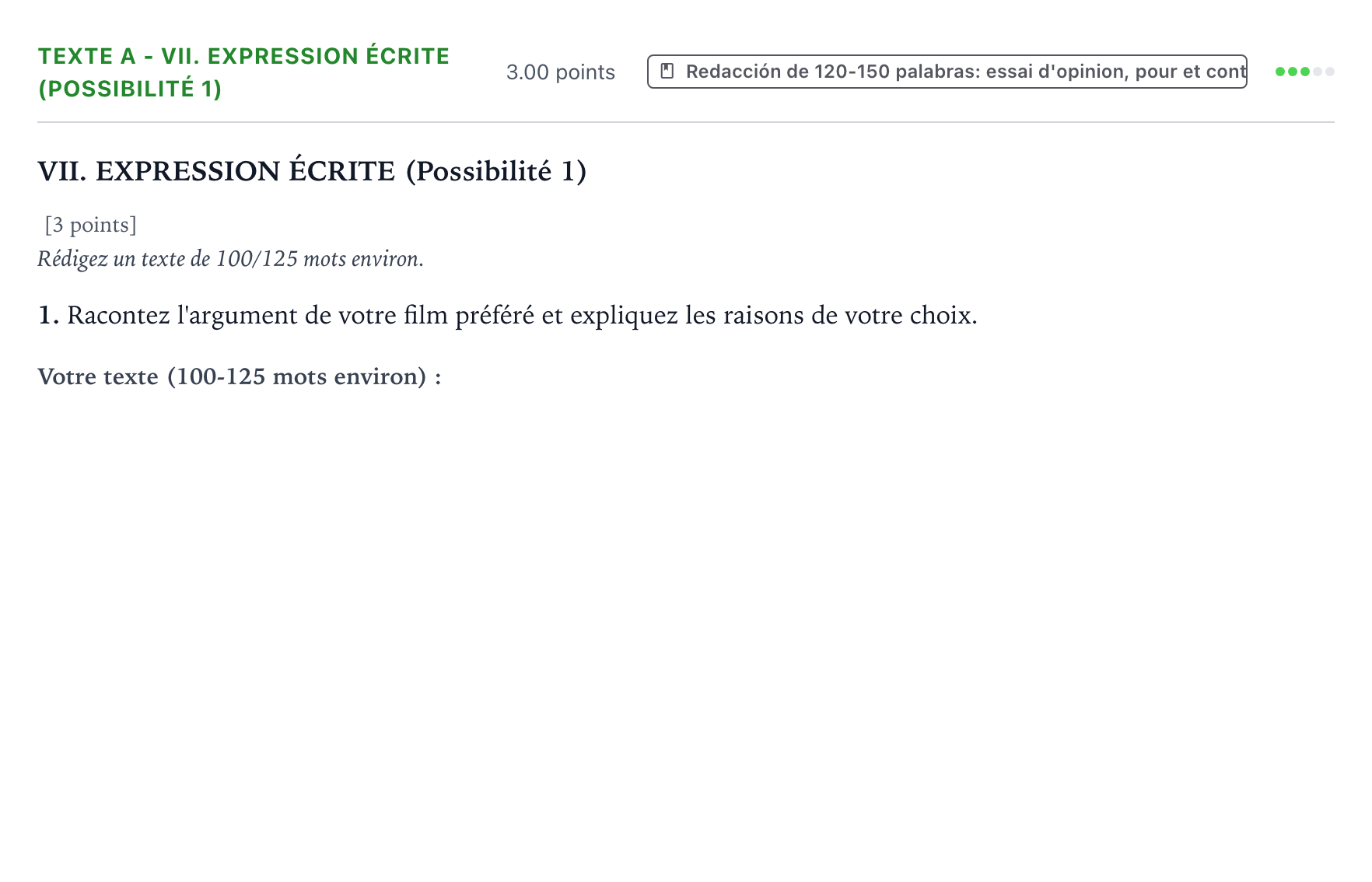 Enunciado: Ejercicio Texte A - VII. Expression écrite (Possibilité 1) · Francés PAU Valencia Ordinaria 2022
