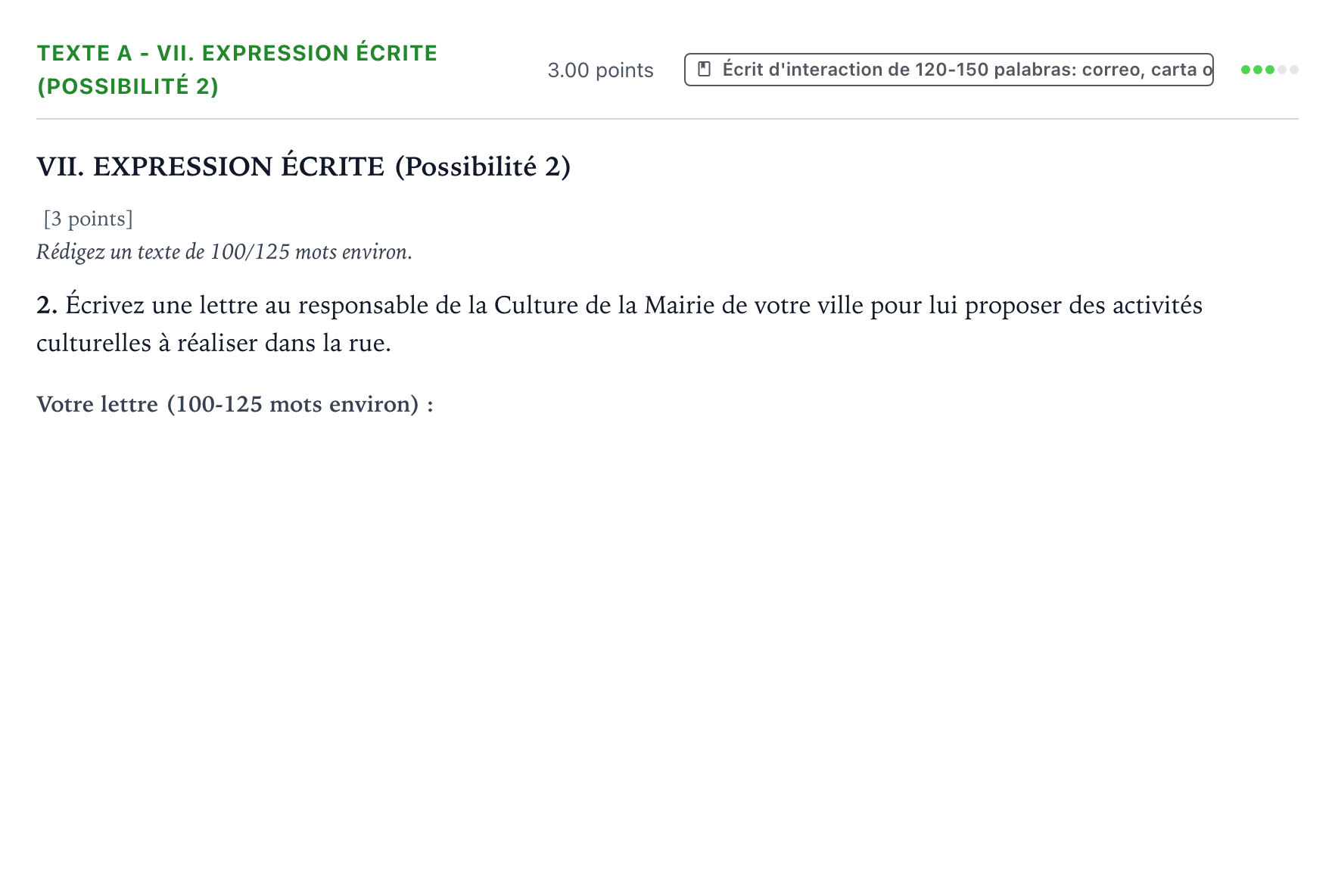 Enunciado: Ejercicio Texte A - VII. Expression écrite (Possibilité 2) · Francés PAU Valencia Ordinaria 2022