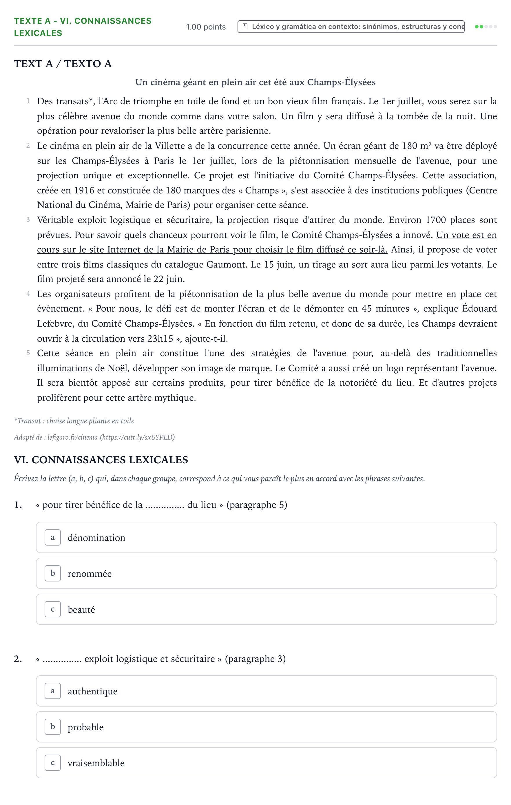 Enunciado: Ejercicio Texte A - VI. Connaissances lexicales · Francés PAU Valencia Ordinaria 2022