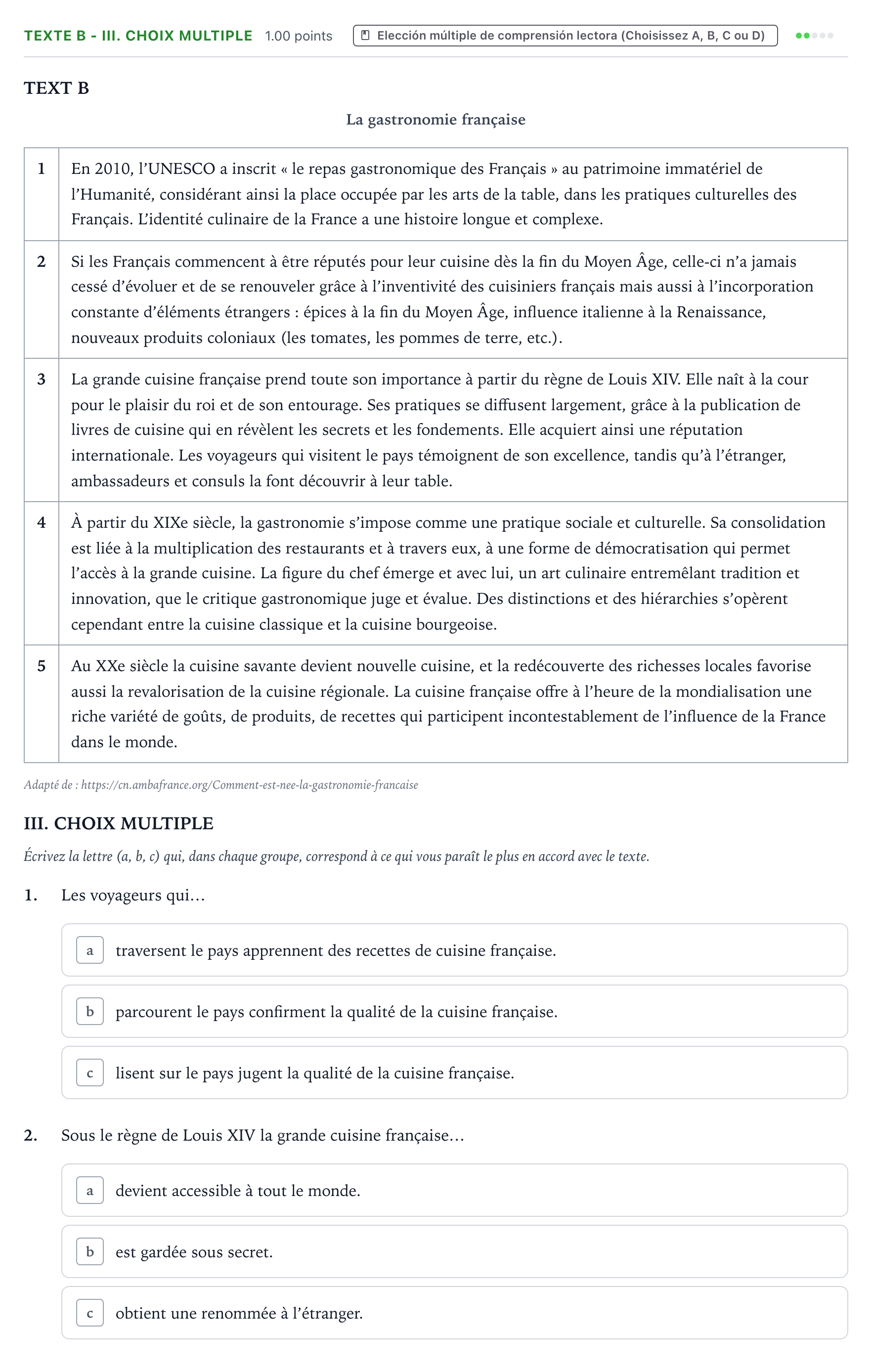 Enunciado: Ejercicio Texte B - III. Choix multiple · Francés PAU Valencia Ordinaria 2022