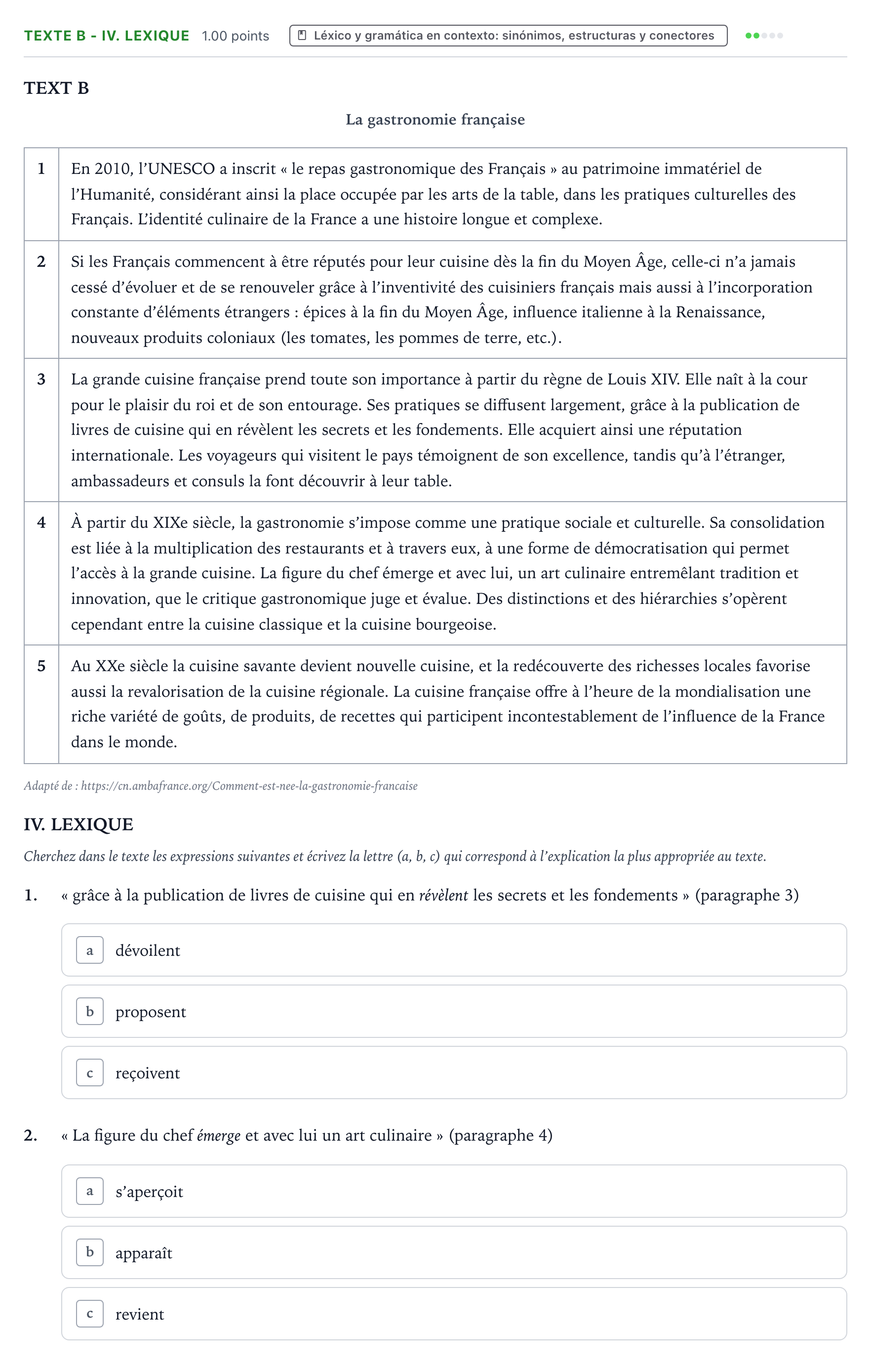 Enunciado: Ejercicio Texte B - IV. Lexique · Francés PAU Valencia Ordinaria 2022