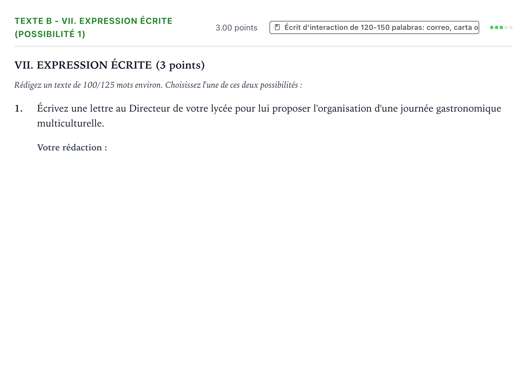 Enunciado: Ejercicio Texte B - VII. Expression écrite (Possibilité 1) · Francés PAU Valencia Ordinaria 2022