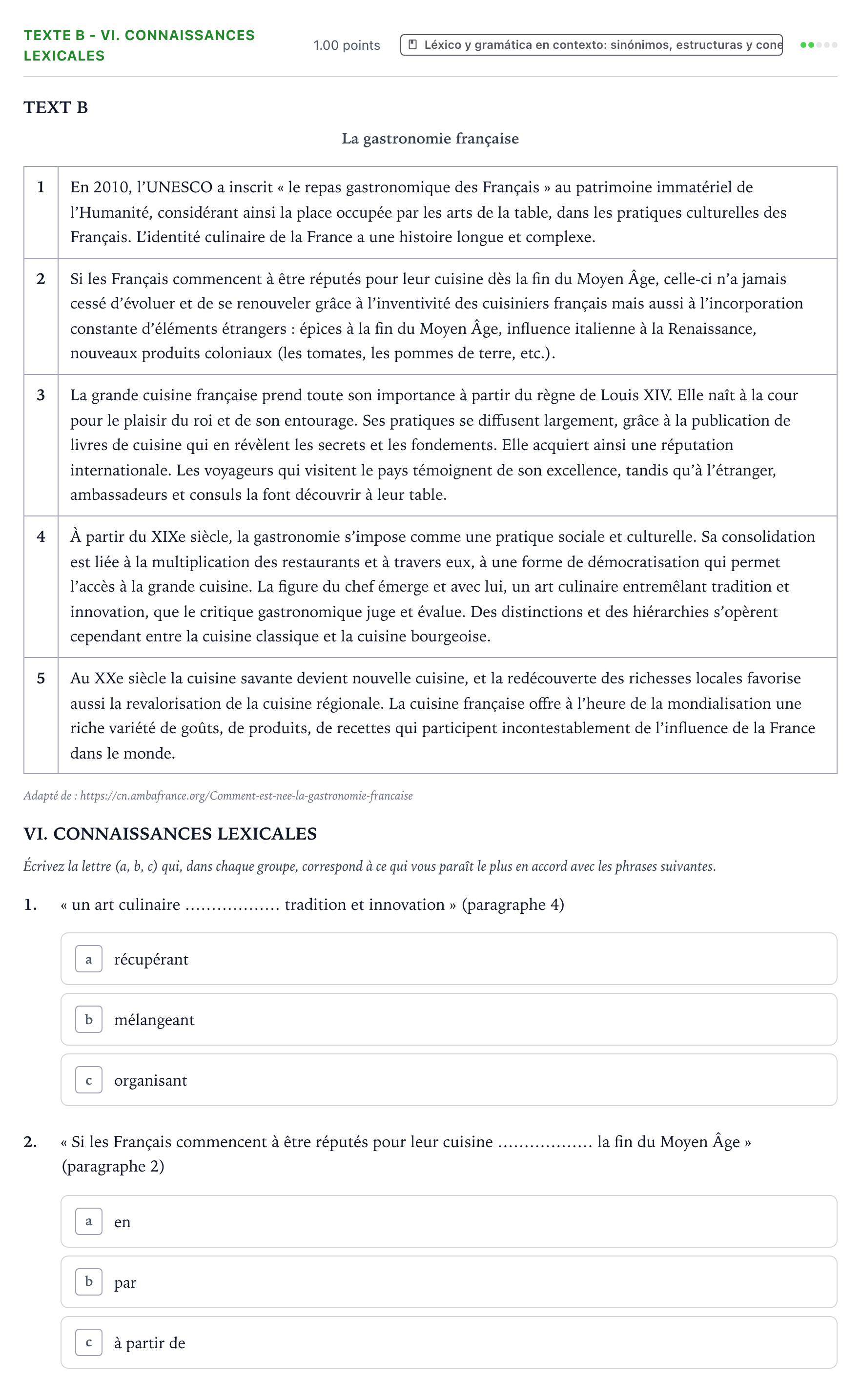 Enunciado: Ejercicio Texte B - VI. Connaissances lexicales · Francés PAU Valencia Ordinaria 2022