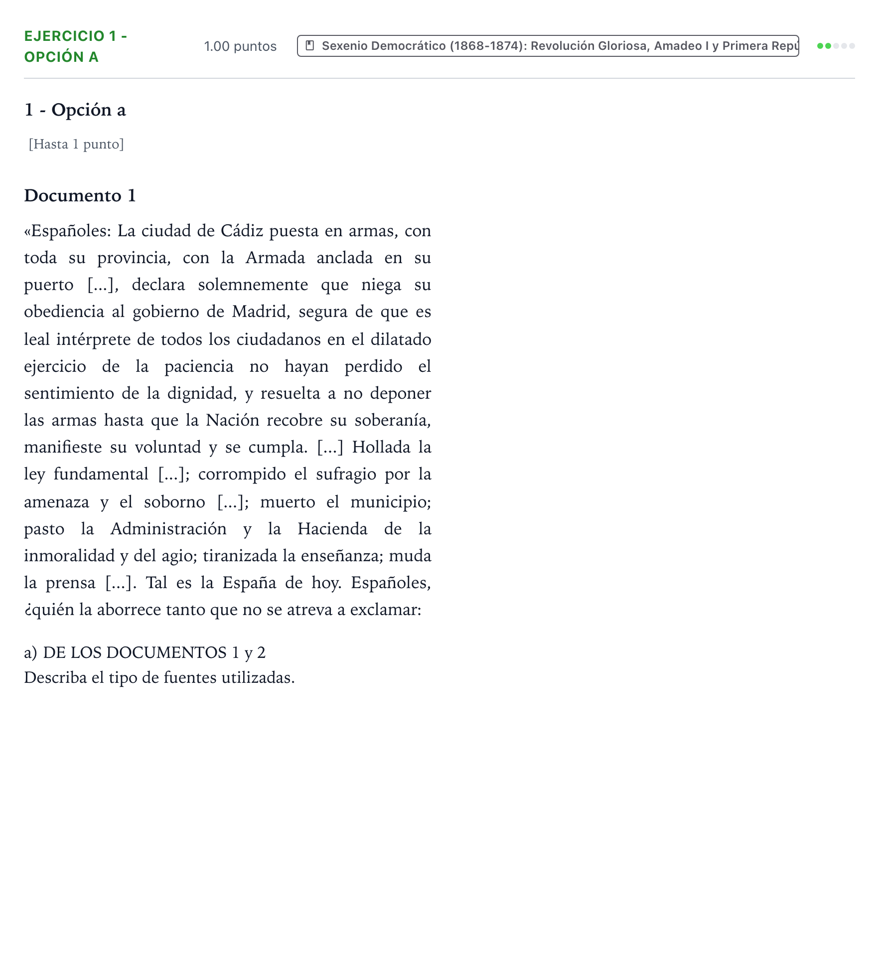 Enunciado: Ejercicio 1 - Opción a · Historia de España PAU Valencia Extraordinaria 2022