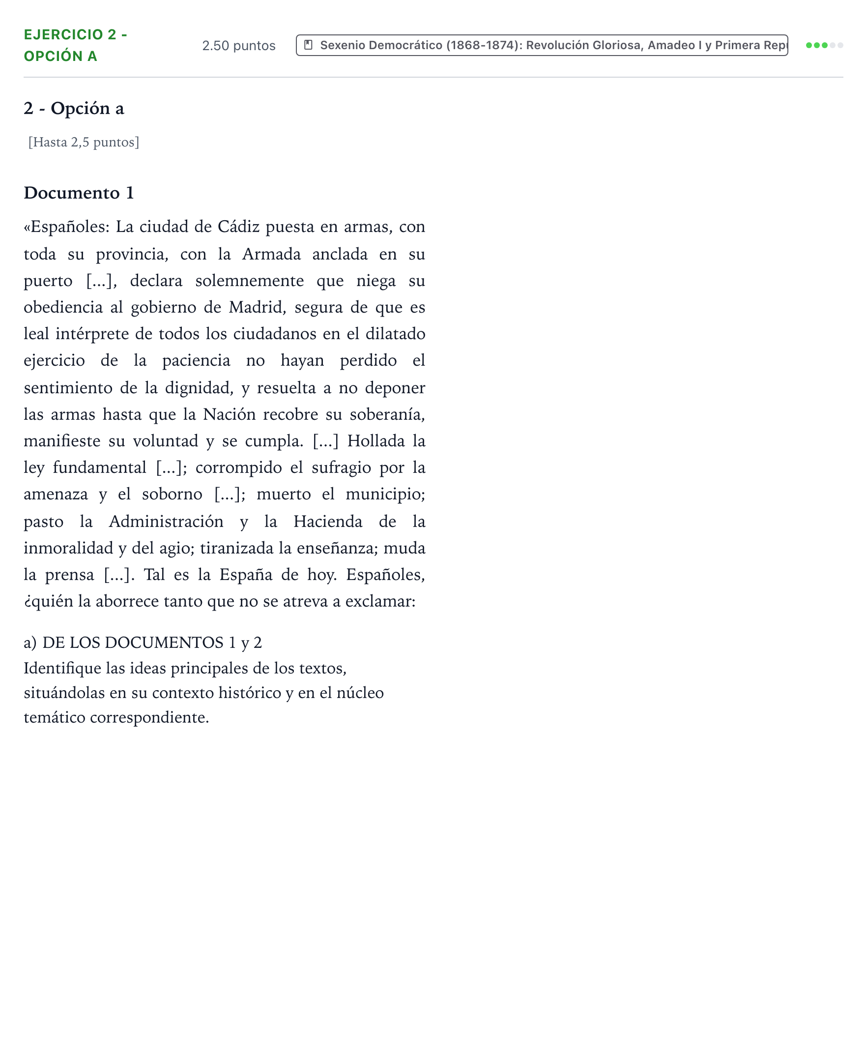 Enunciado: Ejercicio 2 - Opción a · Historia de España PAU Valencia Extraordinaria 2022
