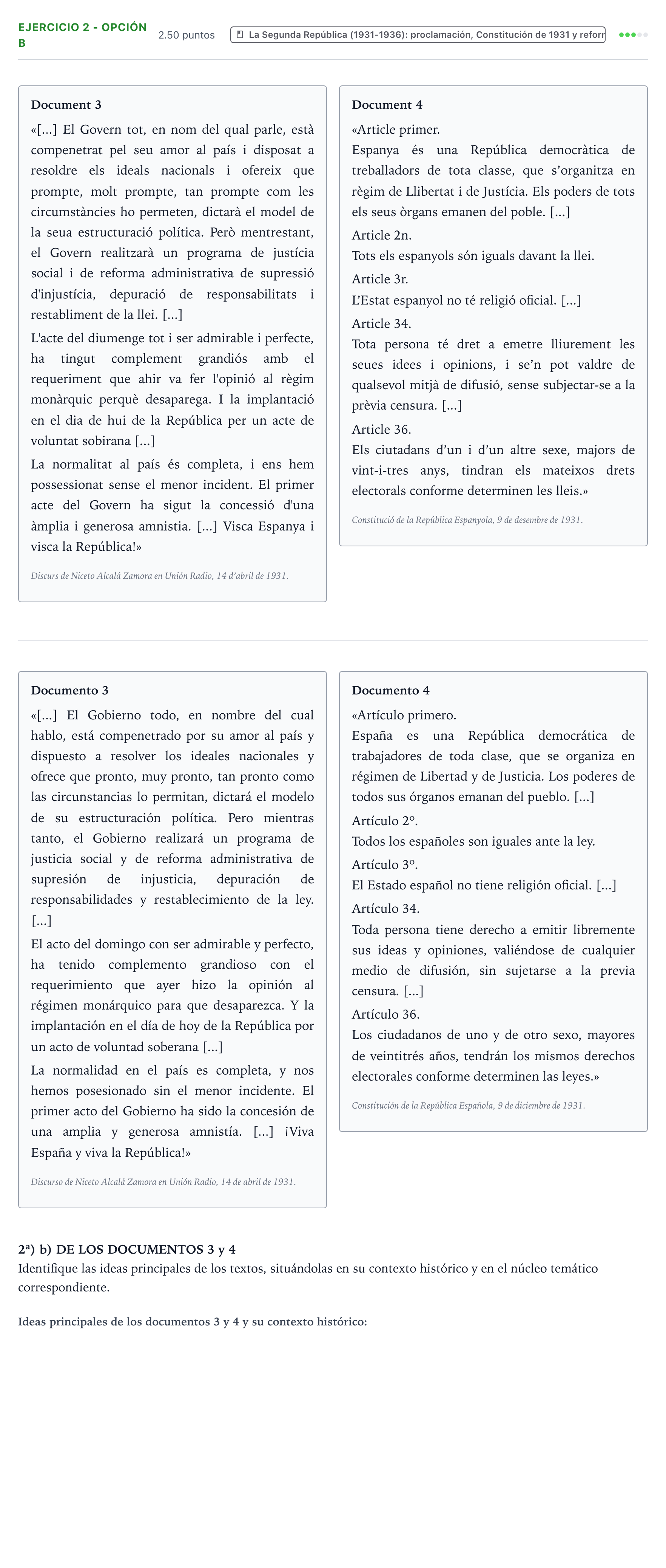 Enunciado: Ejercicio 2 - Opción b · Historia de España PAU Valencia Extraordinaria 2022