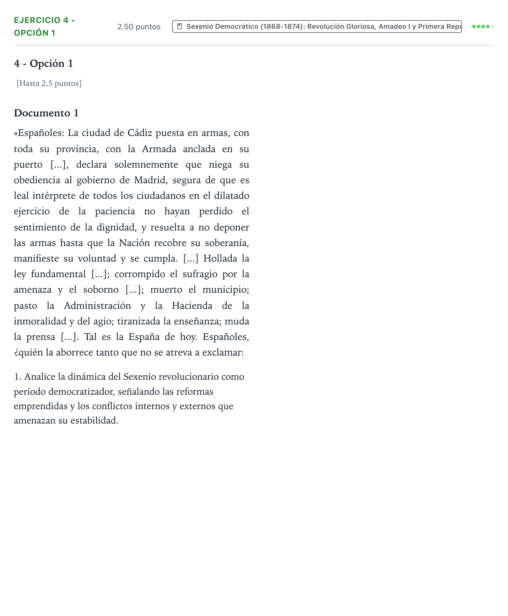 Enunciado: Ejercicio 4 - Opción 1 · Historia de España PAU Valencia Extraordinaria 2022