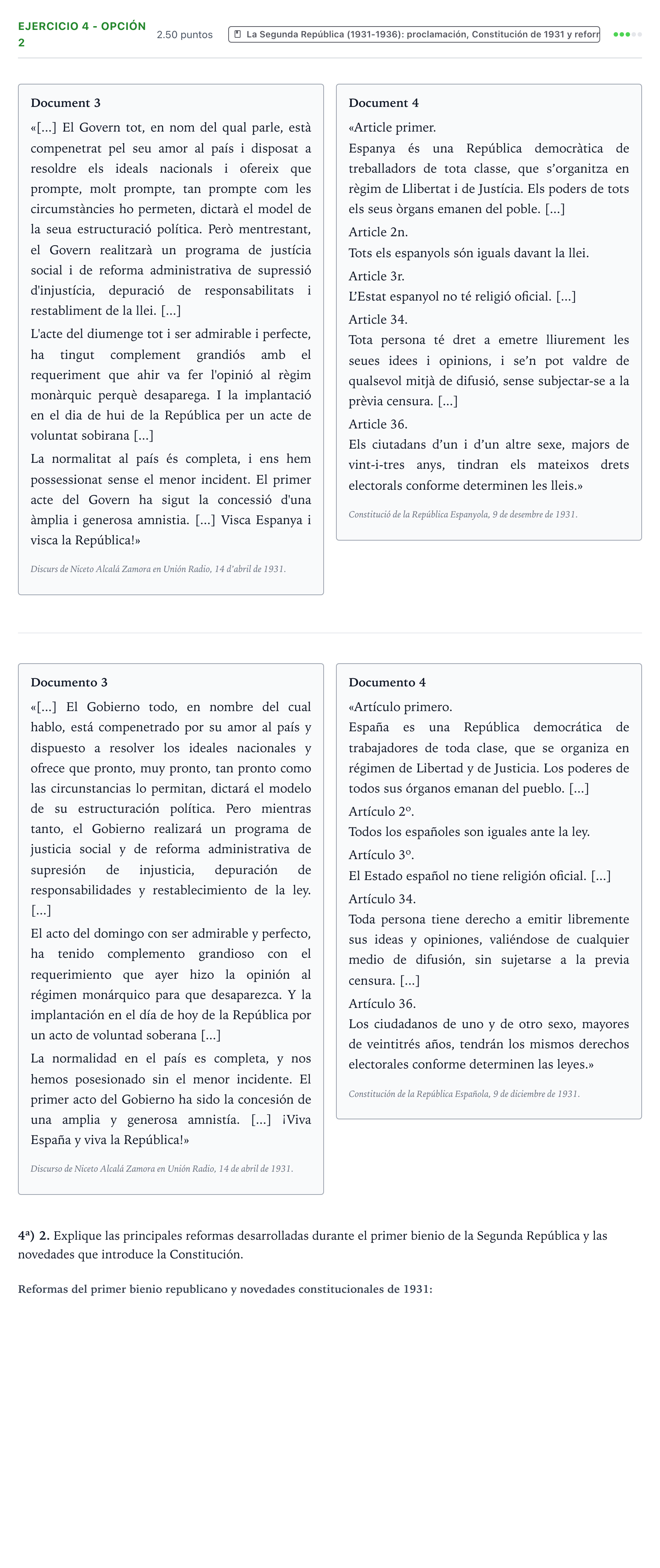 Enunciado: Ejercicio 4 - Opción 2 · Historia de España PAU Valencia Extraordinaria 2022