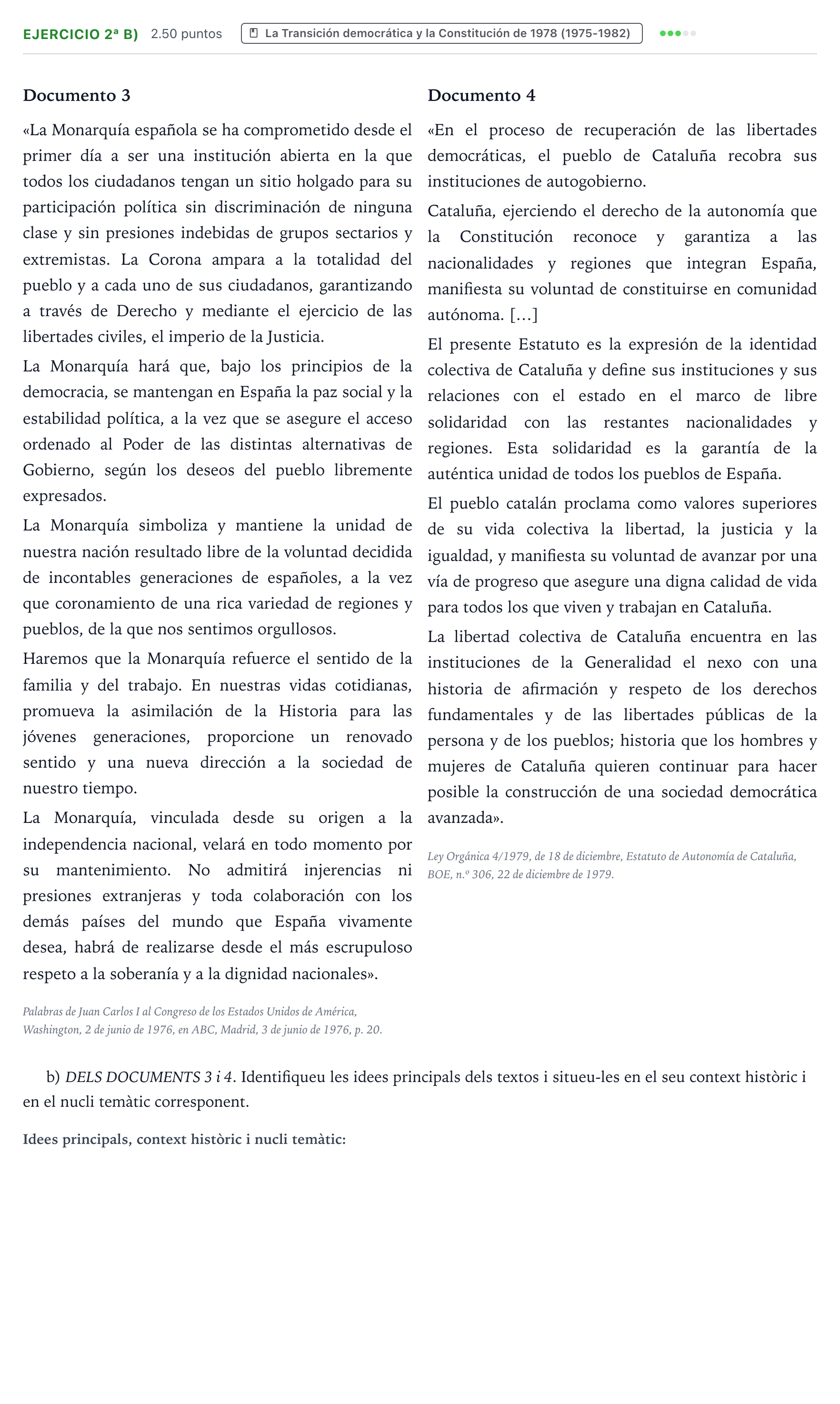 Enunciado: Ejercicio 2ª b) · Historia de España PAU Valencia Ordinaria 2022