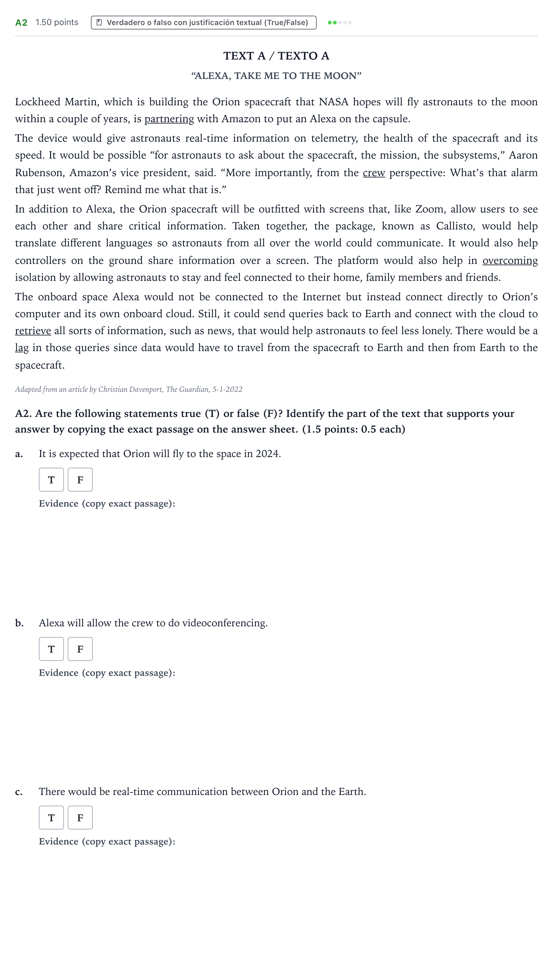 Enunciado: Ejercicio A2 · Inglés PAU Valencia Ordinaria 2022
