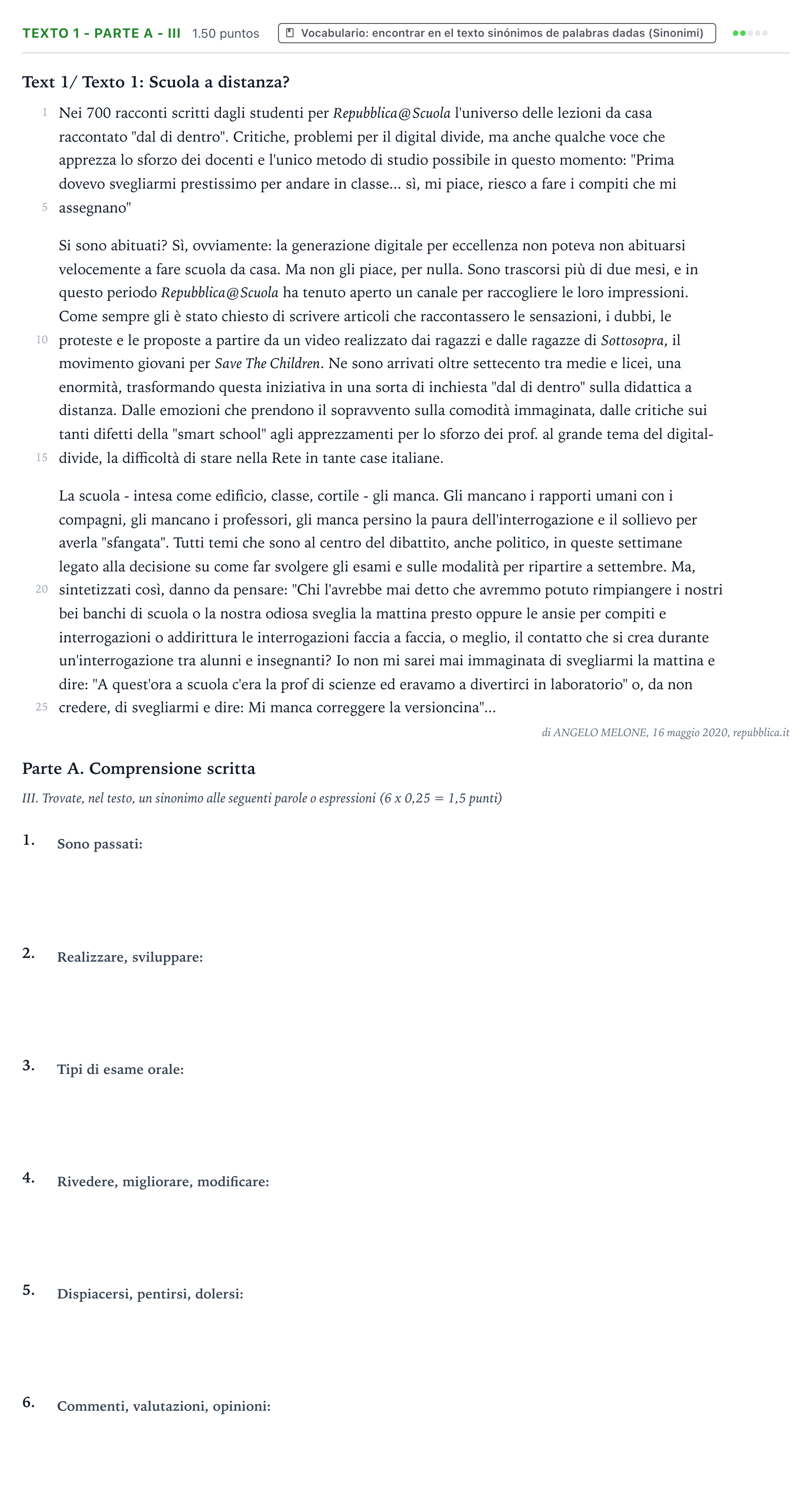Enunciado: Ejercicio Texto 1 - Parte A - III · Italiano PAU Valencia Extraordinaria 2022