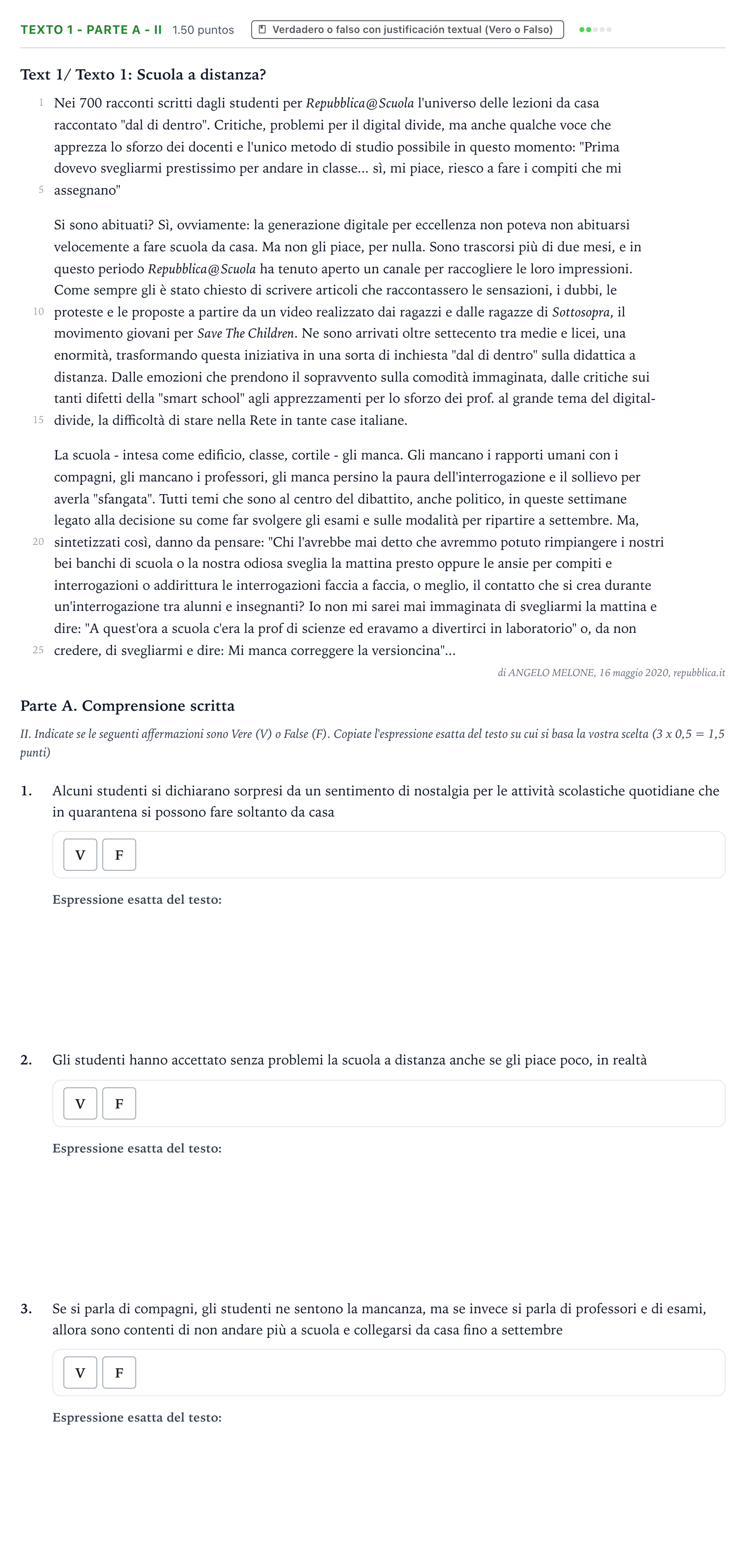 Enunciado: Ejercicio Texto 1 - Parte A - II · Italiano PAU Valencia Extraordinaria 2022
