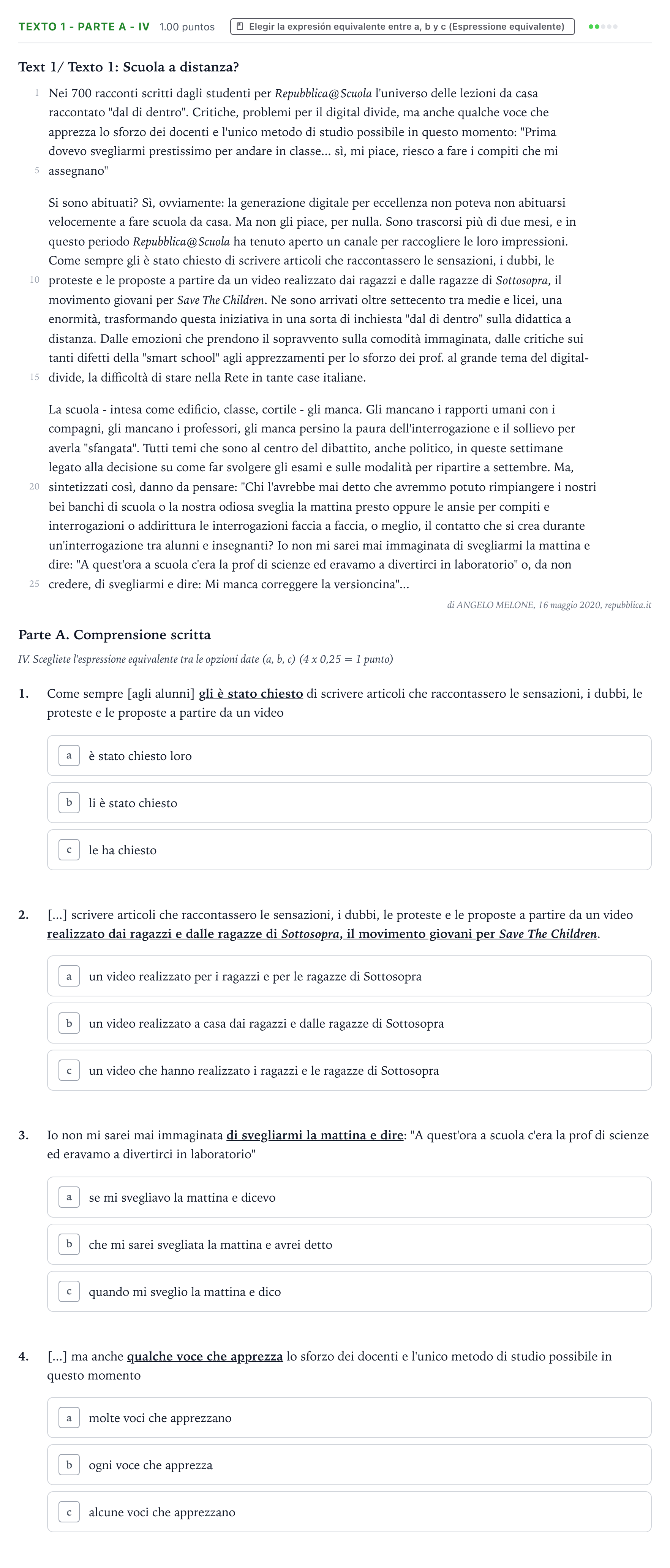 Enunciado: Ejercicio Texto 1 - Parte A - IV · Italiano PAU Valencia Extraordinaria 2022