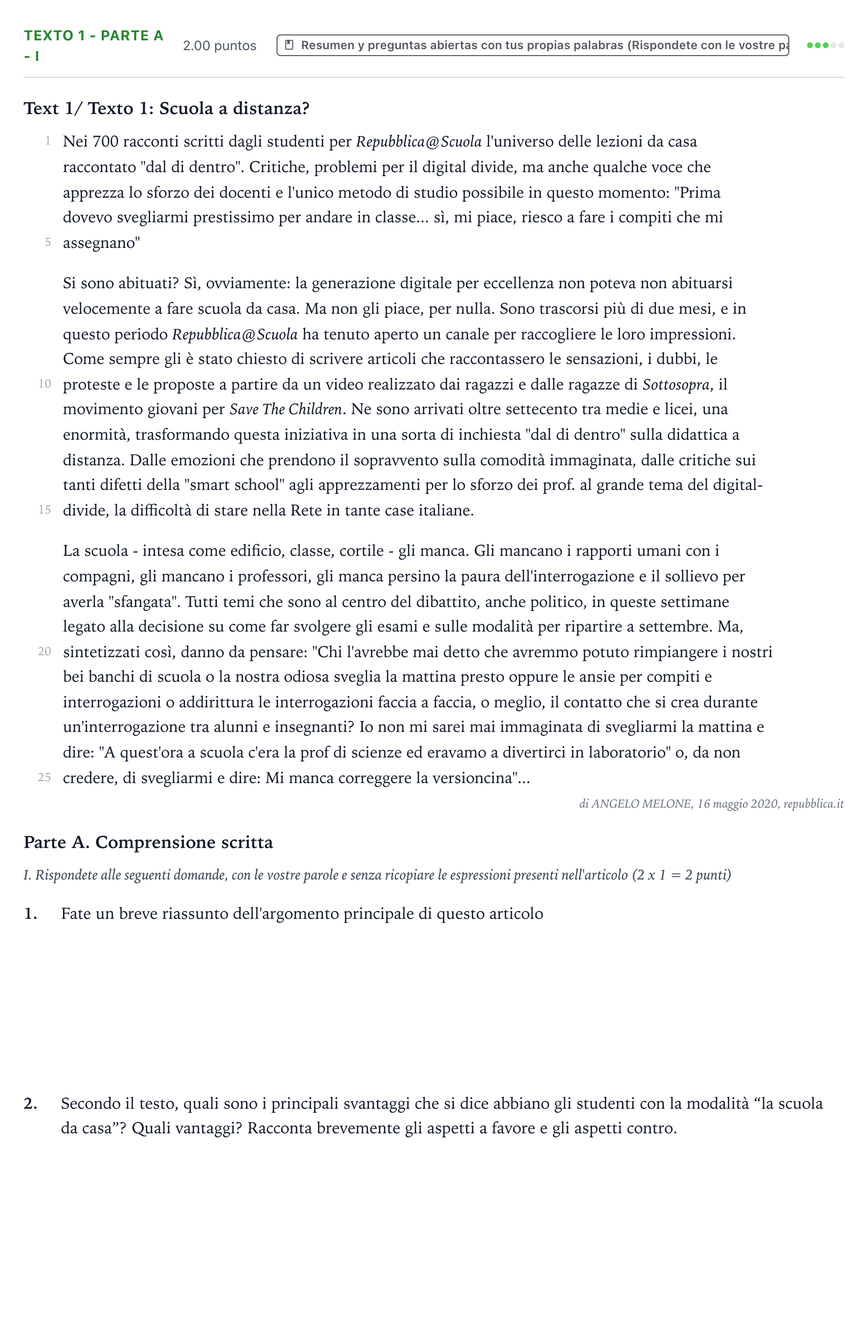 Enunciado: Ejercicio Texto 1 - Parte A - I · Italiano PAU Valencia Extraordinaria 2022