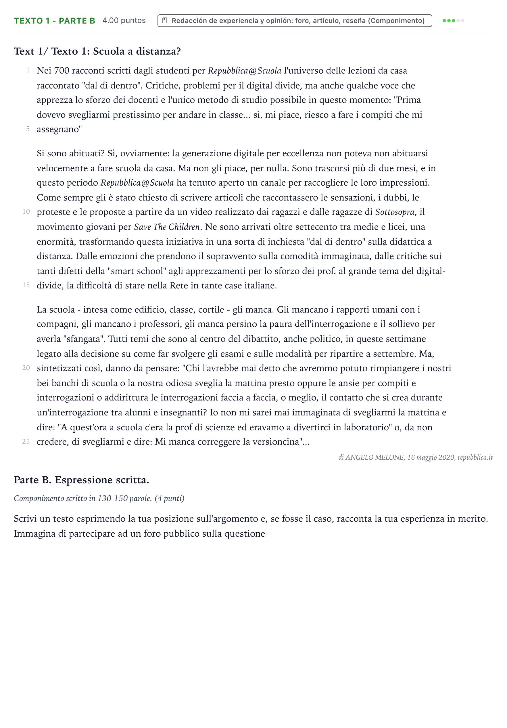 Enunciado: Ejercicio Texto 1 - Parte B · Italiano PAU Valencia Extraordinaria 2022