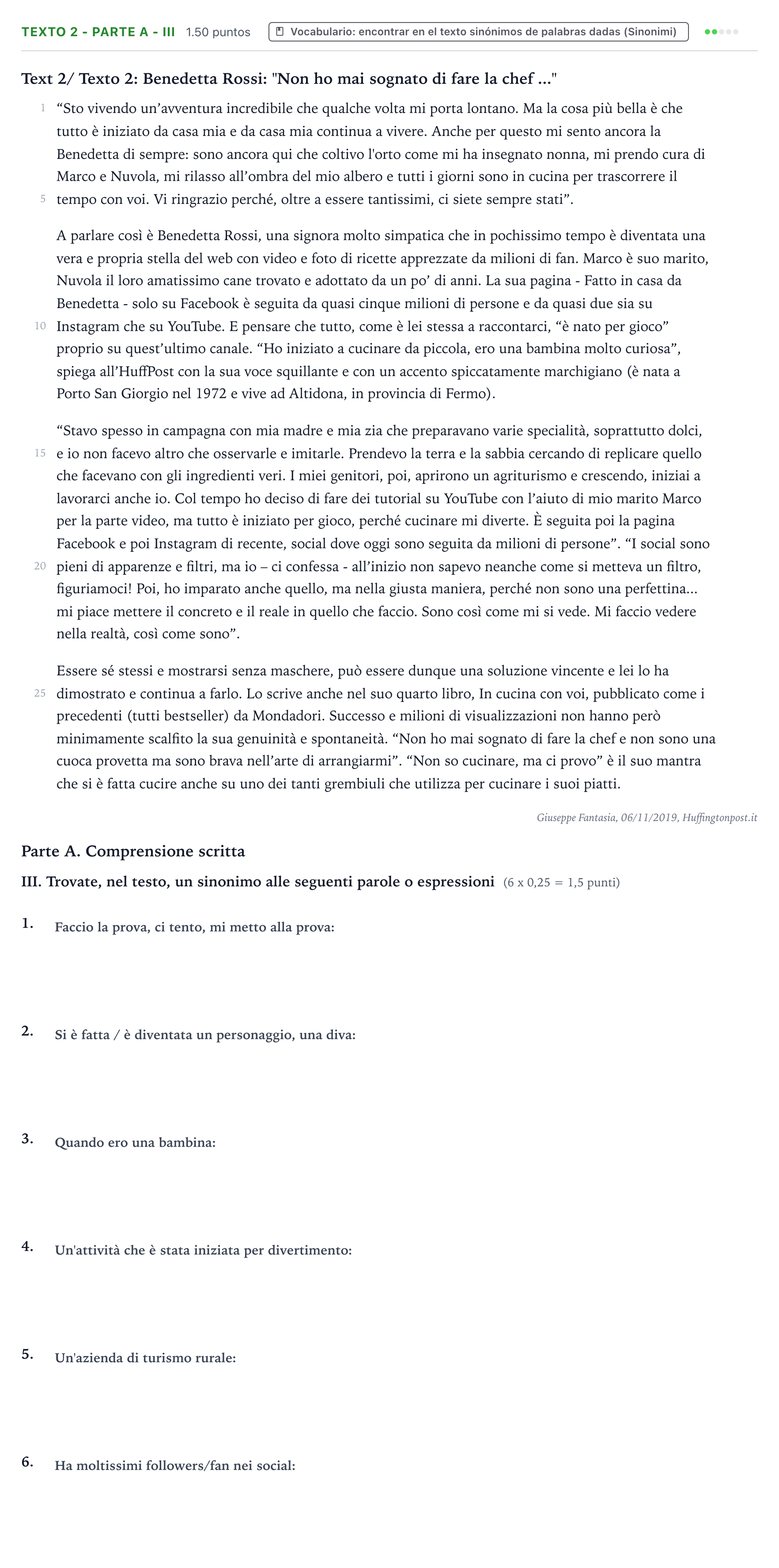 Enunciado: Ejercicio Texto 2 - Parte A - III · Italiano PAU Valencia Extraordinaria 2022