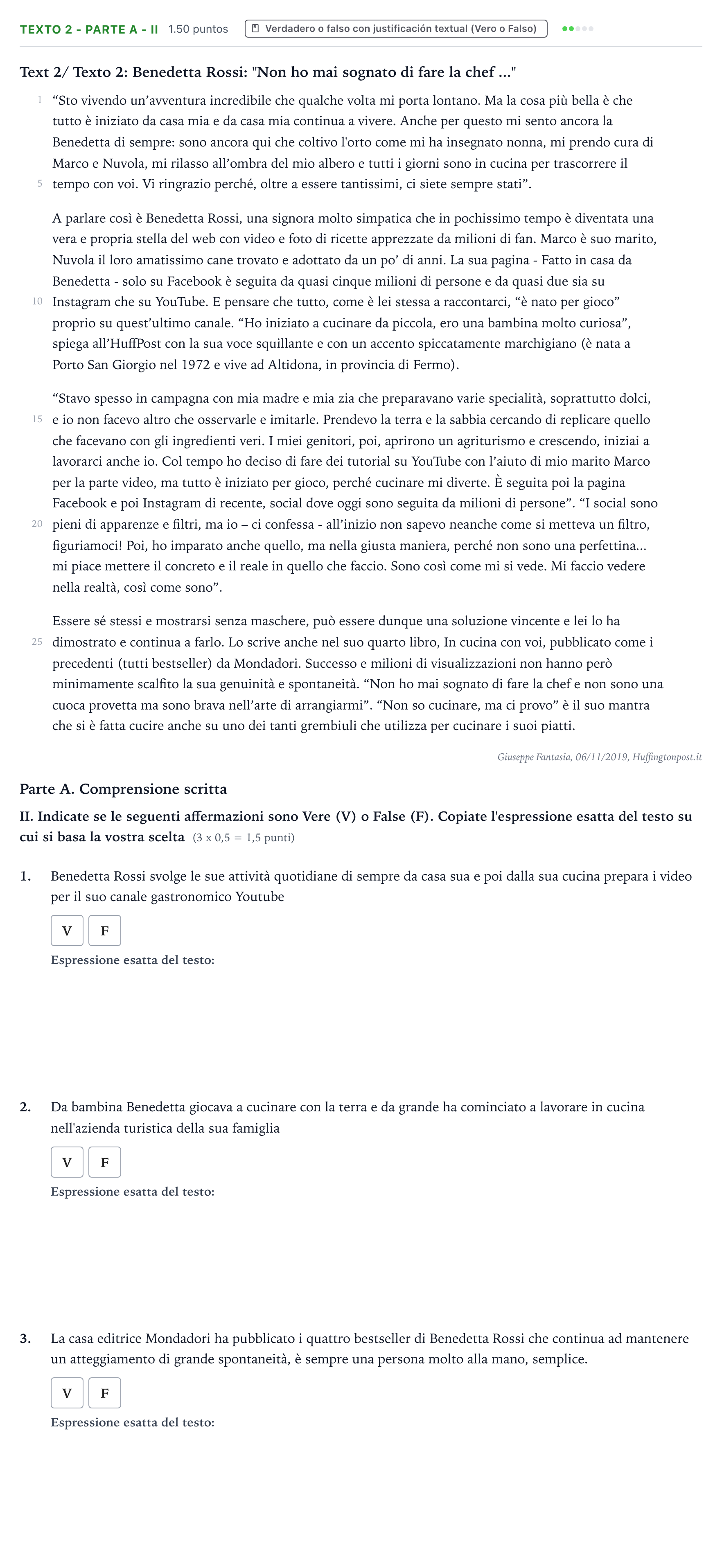 Enunciado: Ejercicio Texto 2 - Parte A - II · Italiano PAU Valencia Extraordinaria 2022