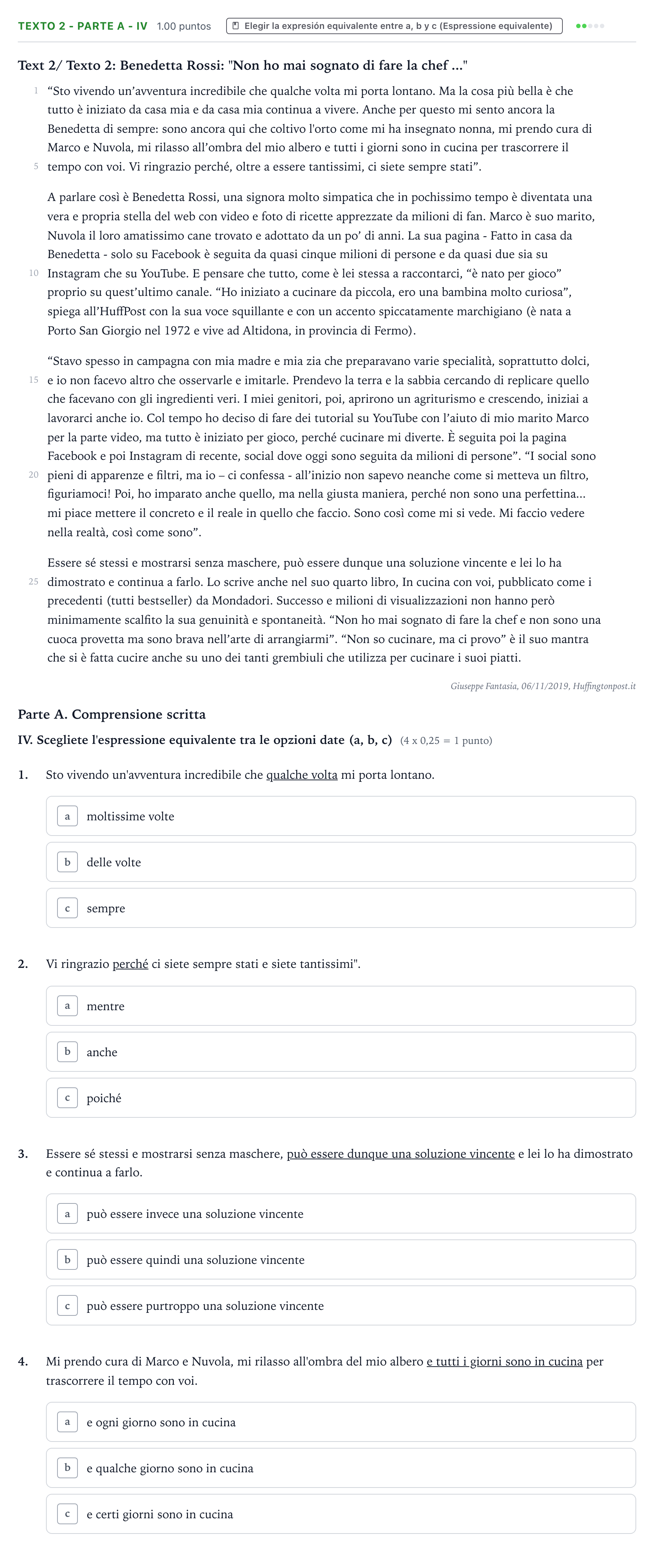 Enunciado: Ejercicio Texto 2 - Parte A - IV · Italiano PAU Valencia Extraordinaria 2022