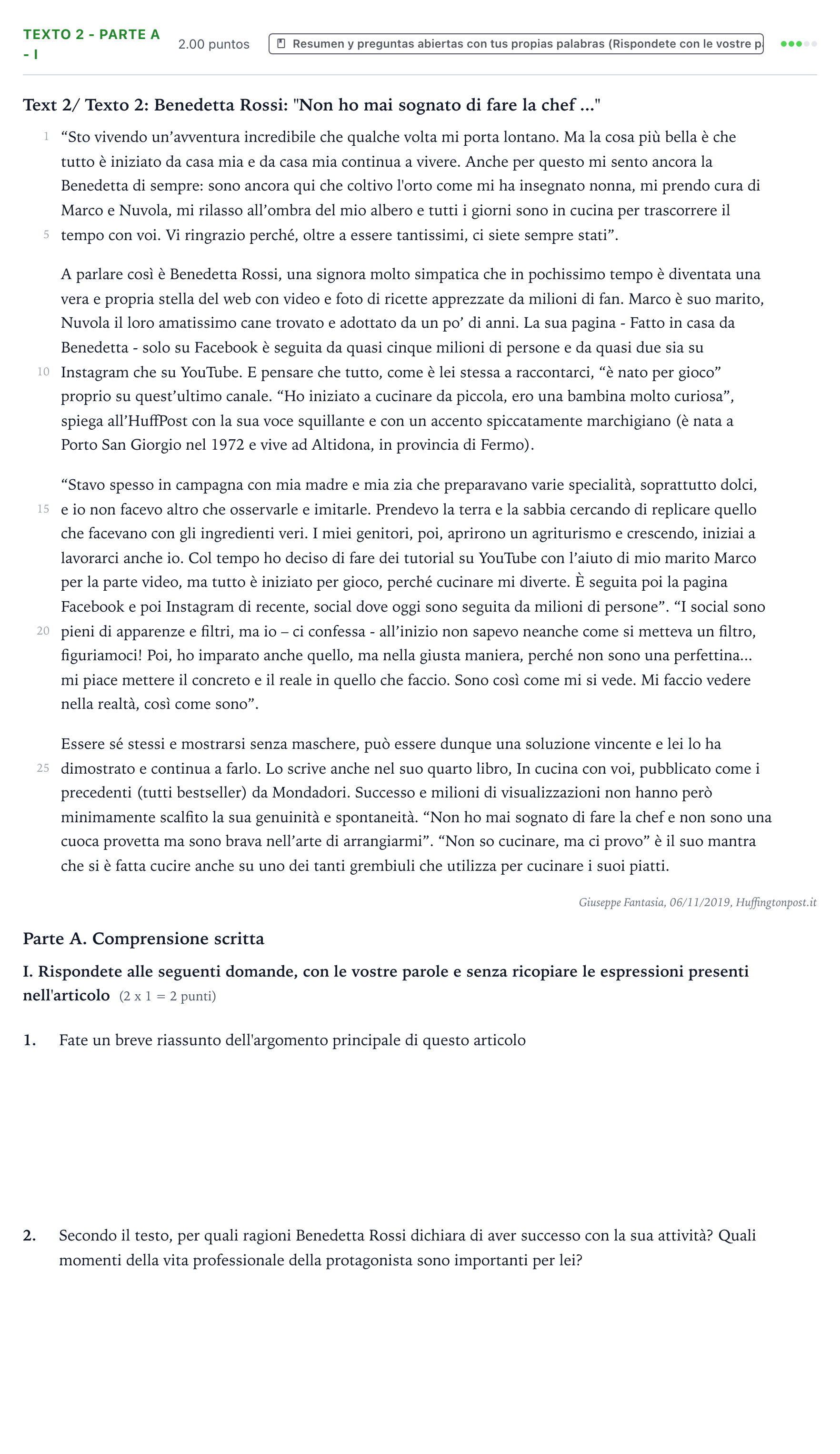 Enunciado: Ejercicio Texto 2 - Parte A - I · Italiano PAU Valencia Extraordinaria 2022