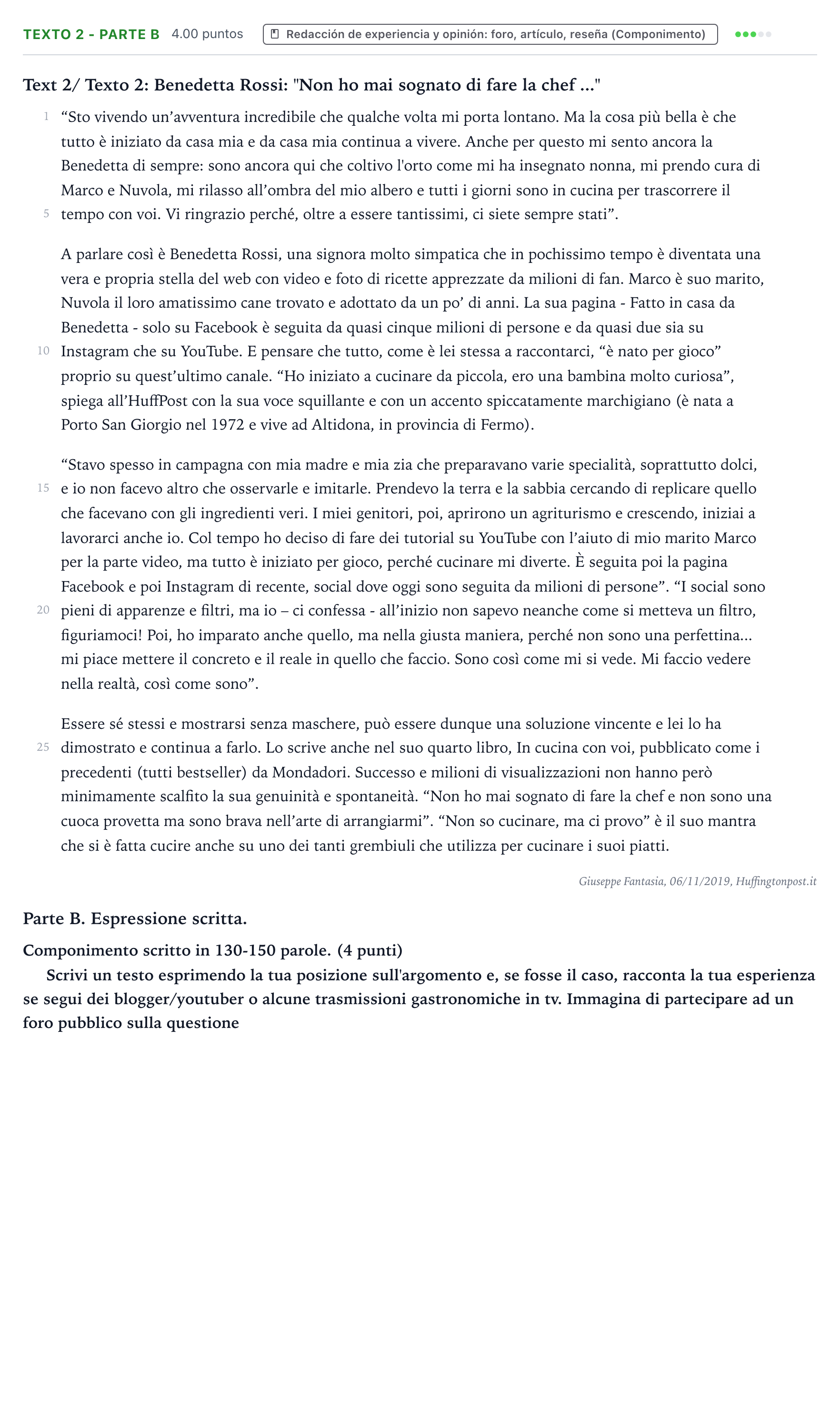 Enunciado: Ejercicio Texto 2 - Parte B · Italiano PAU Valencia Extraordinaria 2022
