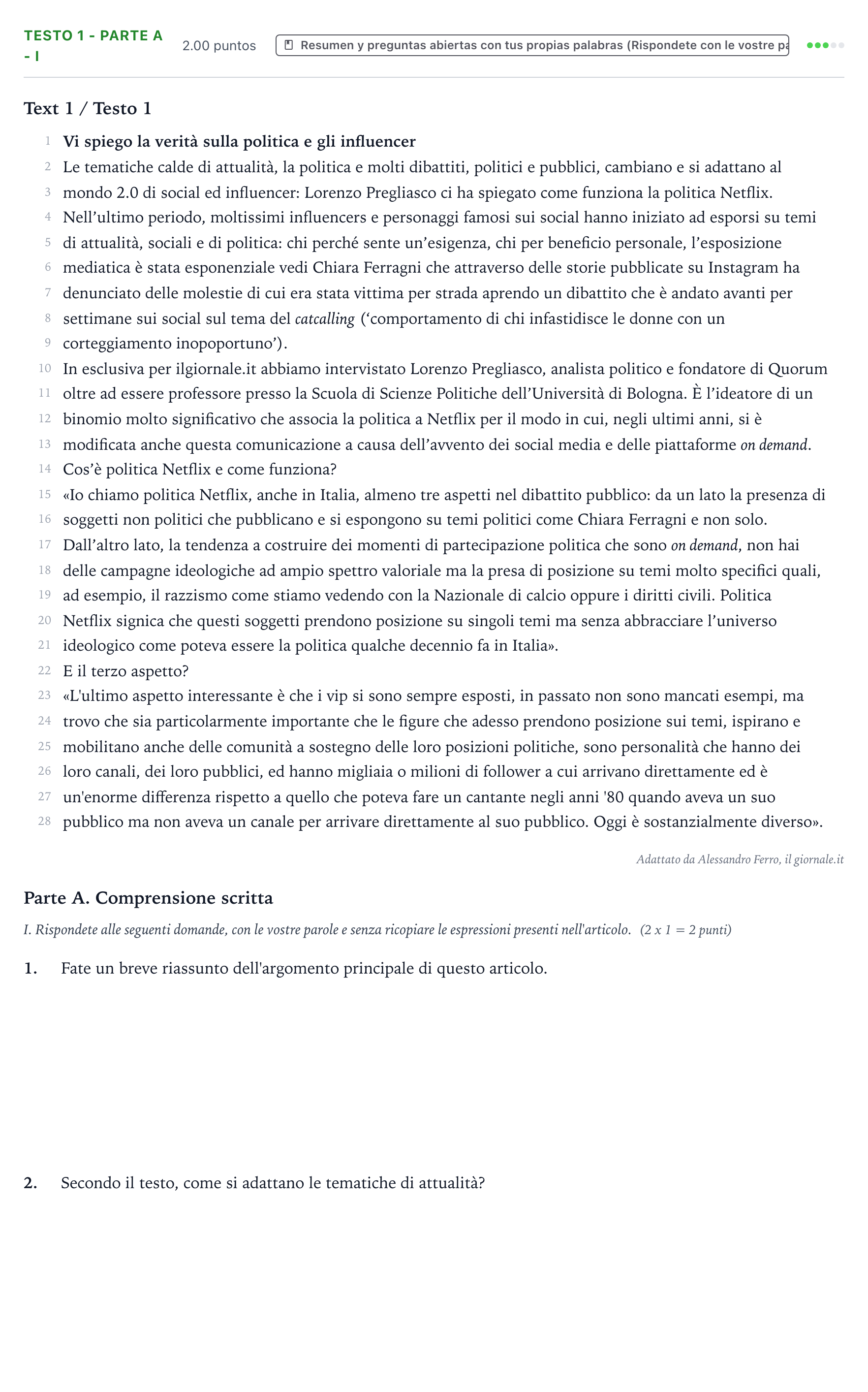 Enunciado: Ejercicio Testo 1 - Parte A - I · Italiano PAU Valencia Ordinaria 2022