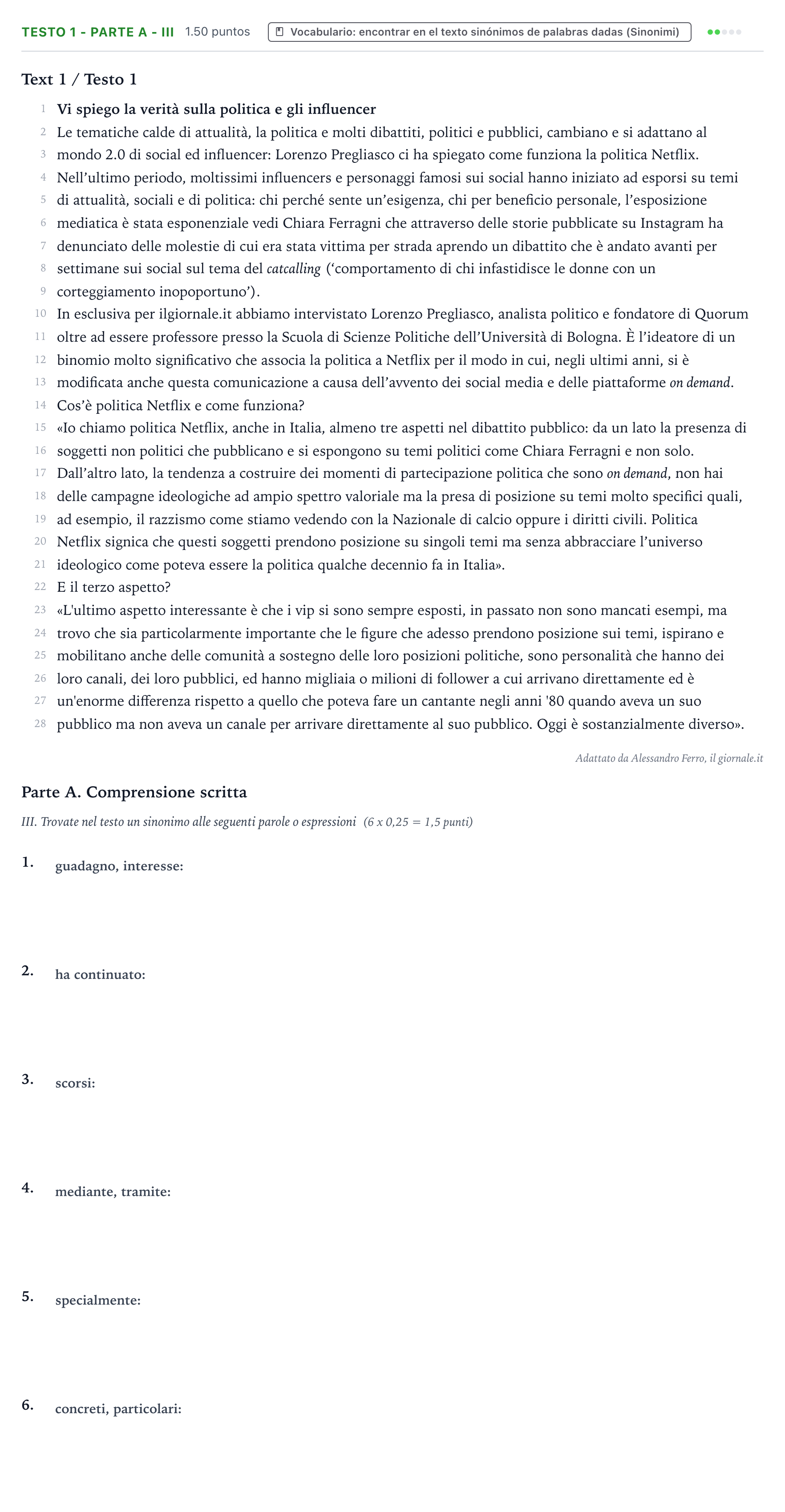 Enunciado: Ejercicio Testo 1 - Parte A - III · Italiano PAU Valencia Ordinaria 2022