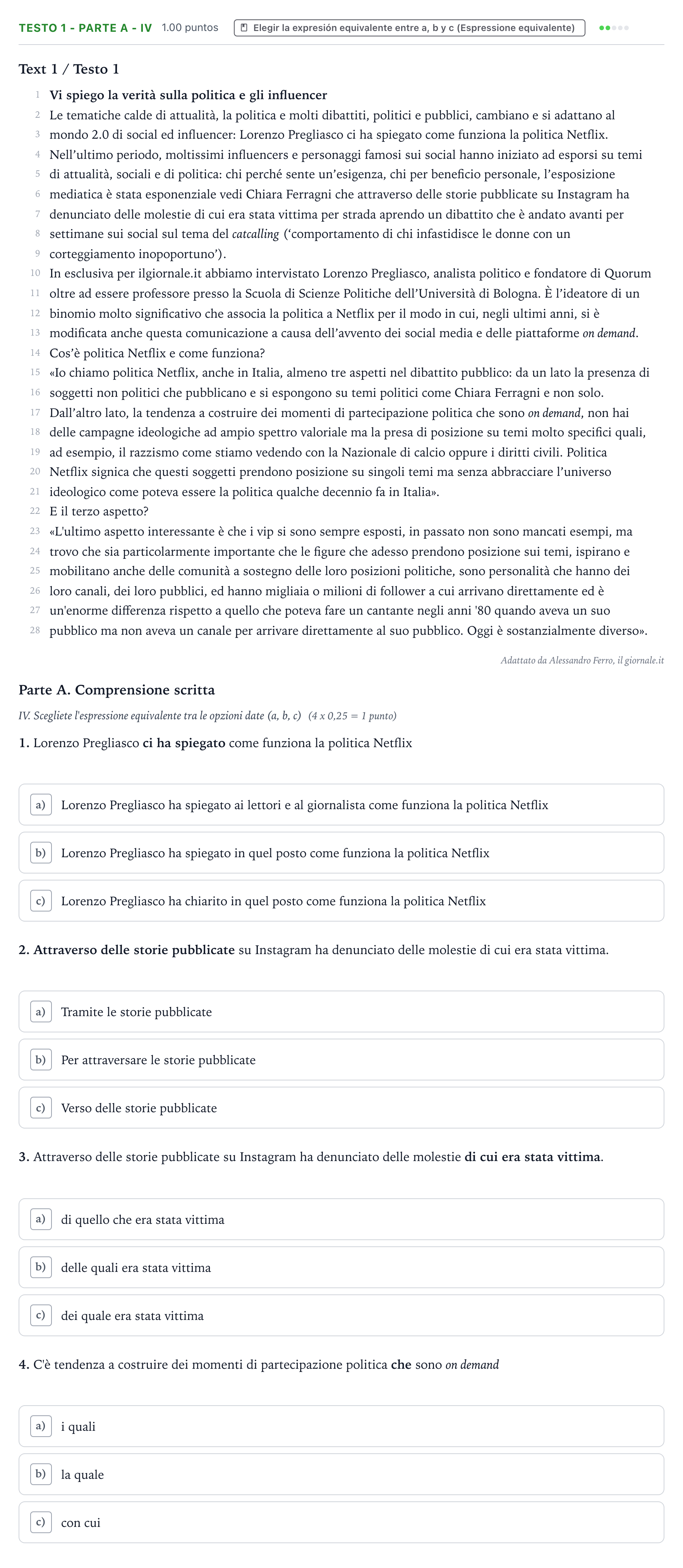 Enunciado: Ejercicio Testo 1 - Parte A - IV · Italiano PAU Valencia Ordinaria 2022