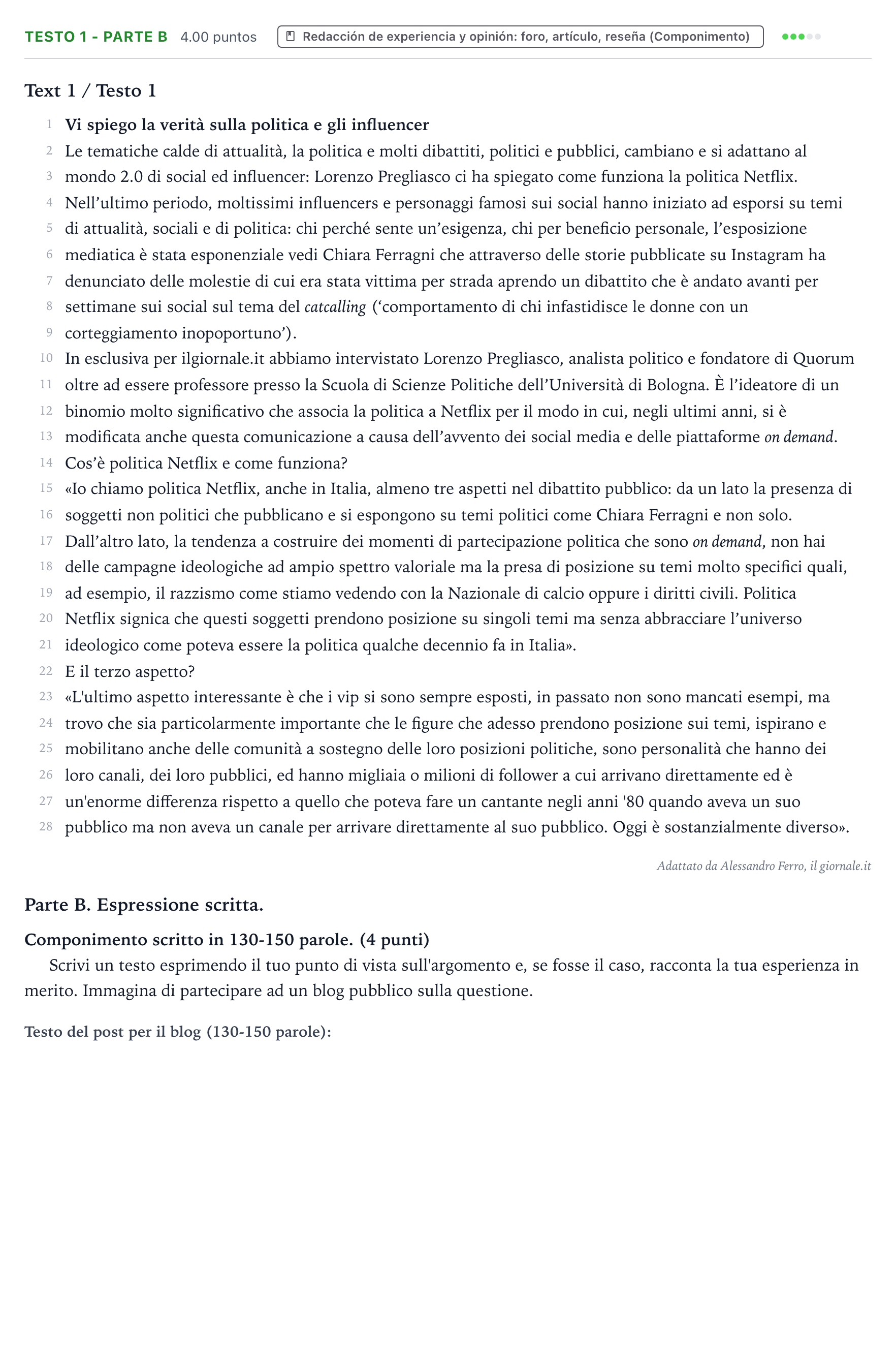 Enunciado: Ejercicio Testo 1 - Parte B · Italiano PAU Valencia Ordinaria 2022