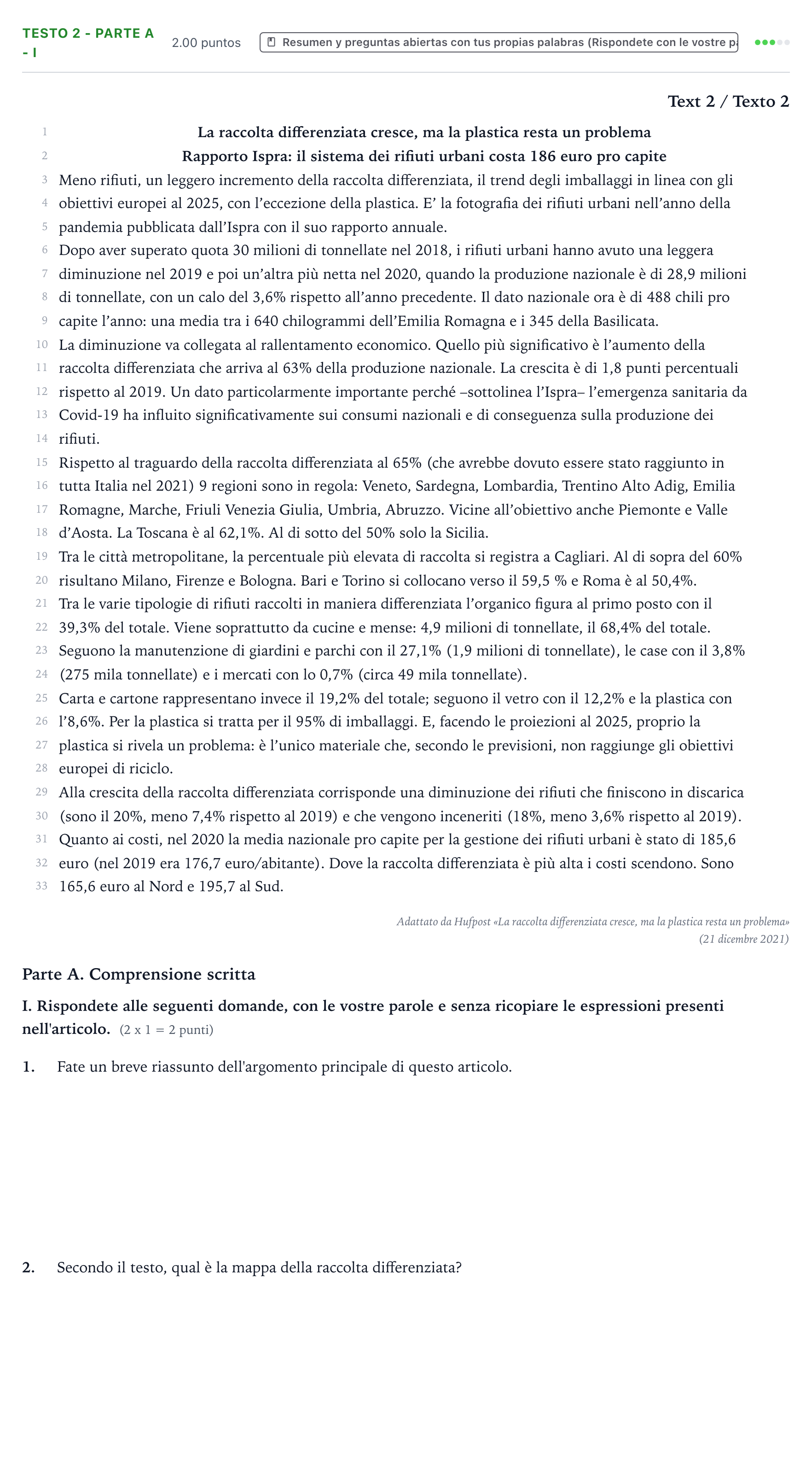 Enunciado: Ejercicio Testo 2 - Parte A - I · Italiano PAU Valencia Ordinaria 2022