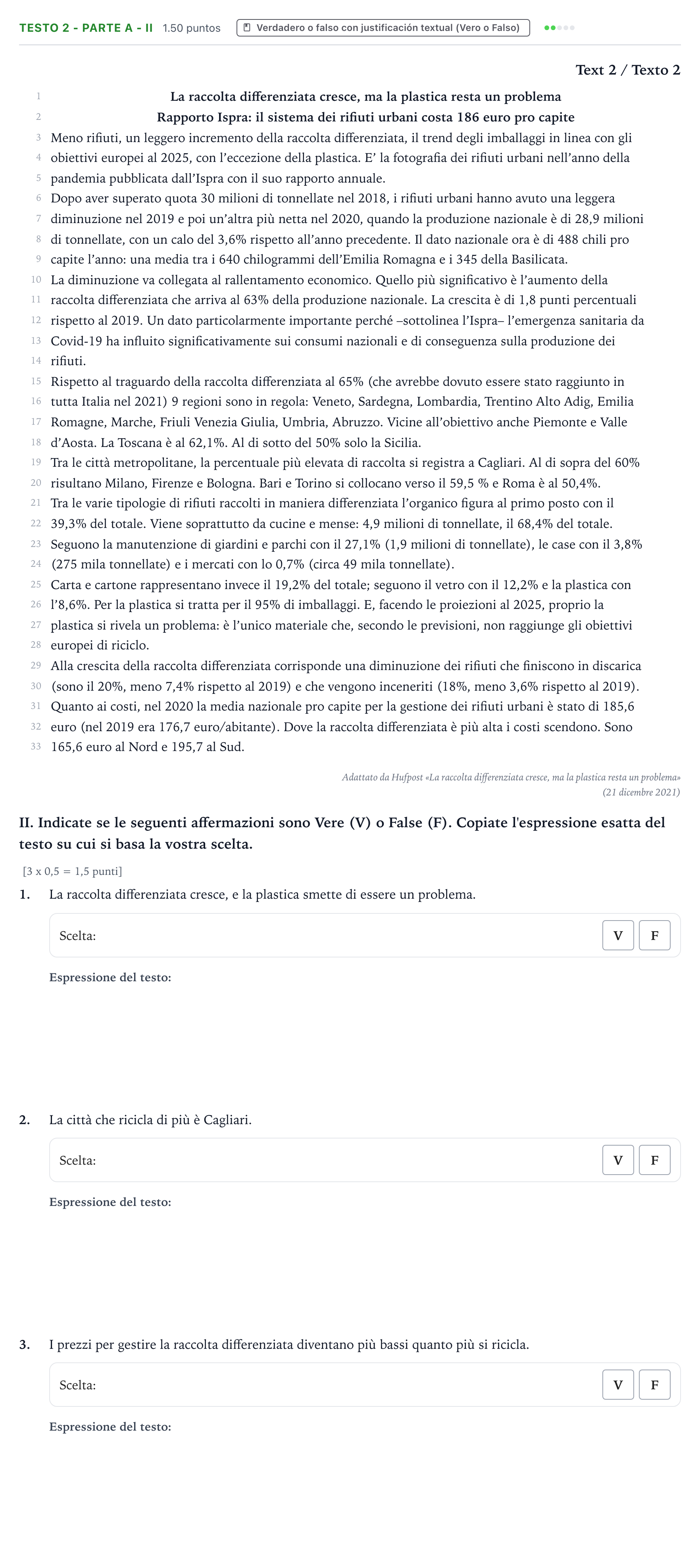 Enunciado: Ejercicio Testo 2 - Parte A - II · Italiano PAU Valencia Ordinaria 2022