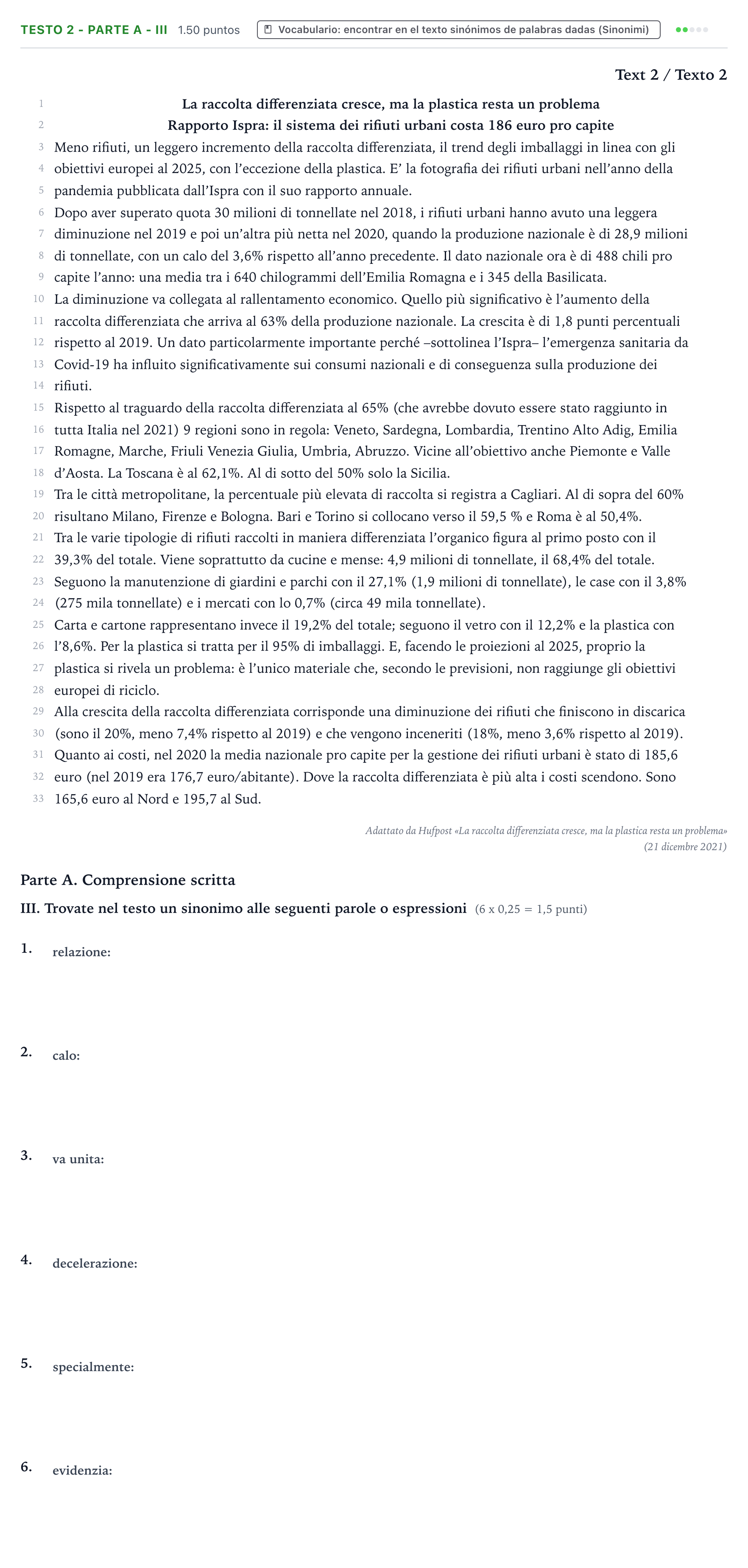 Enunciado: Ejercicio Testo 2 - Parte A - III · Italiano PAU Valencia Ordinaria 2022