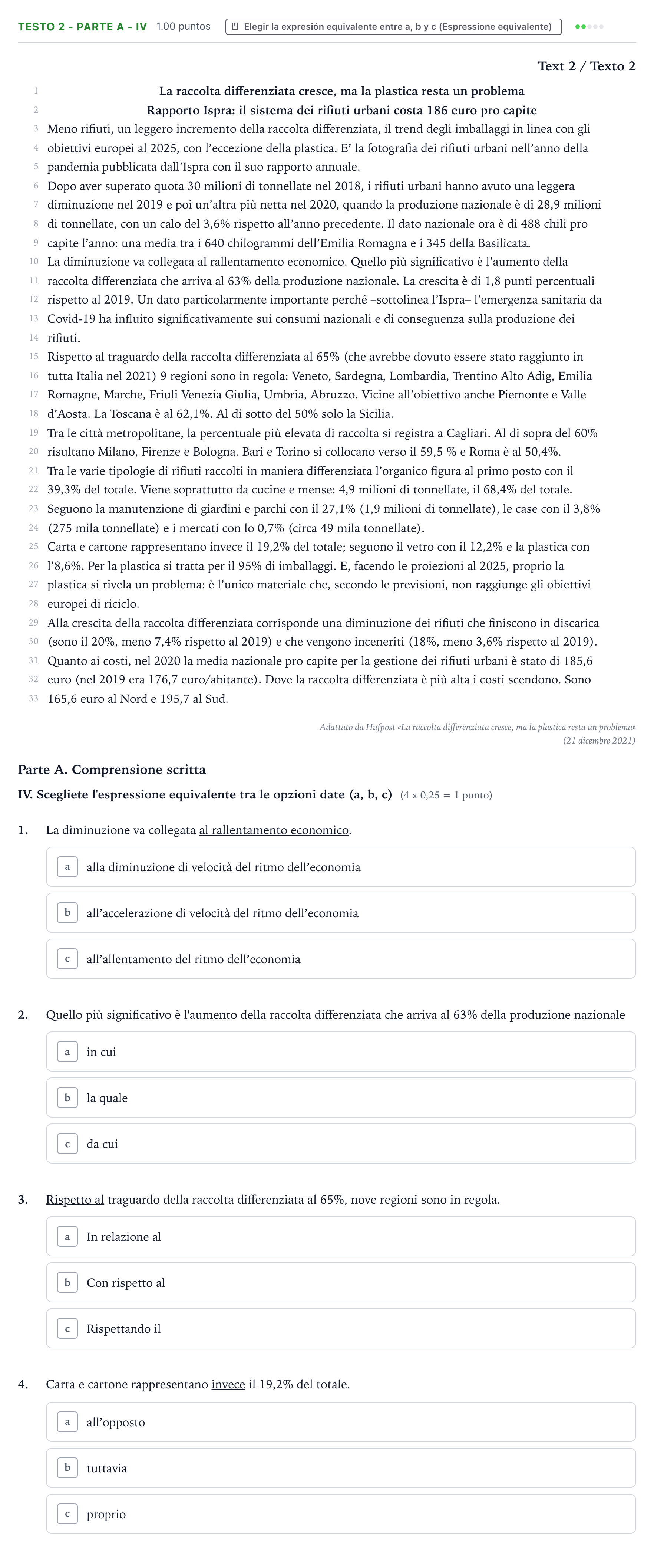 Enunciado: Ejercicio Testo 2 - Parte A - IV · Italiano PAU Valencia Ordinaria 2022