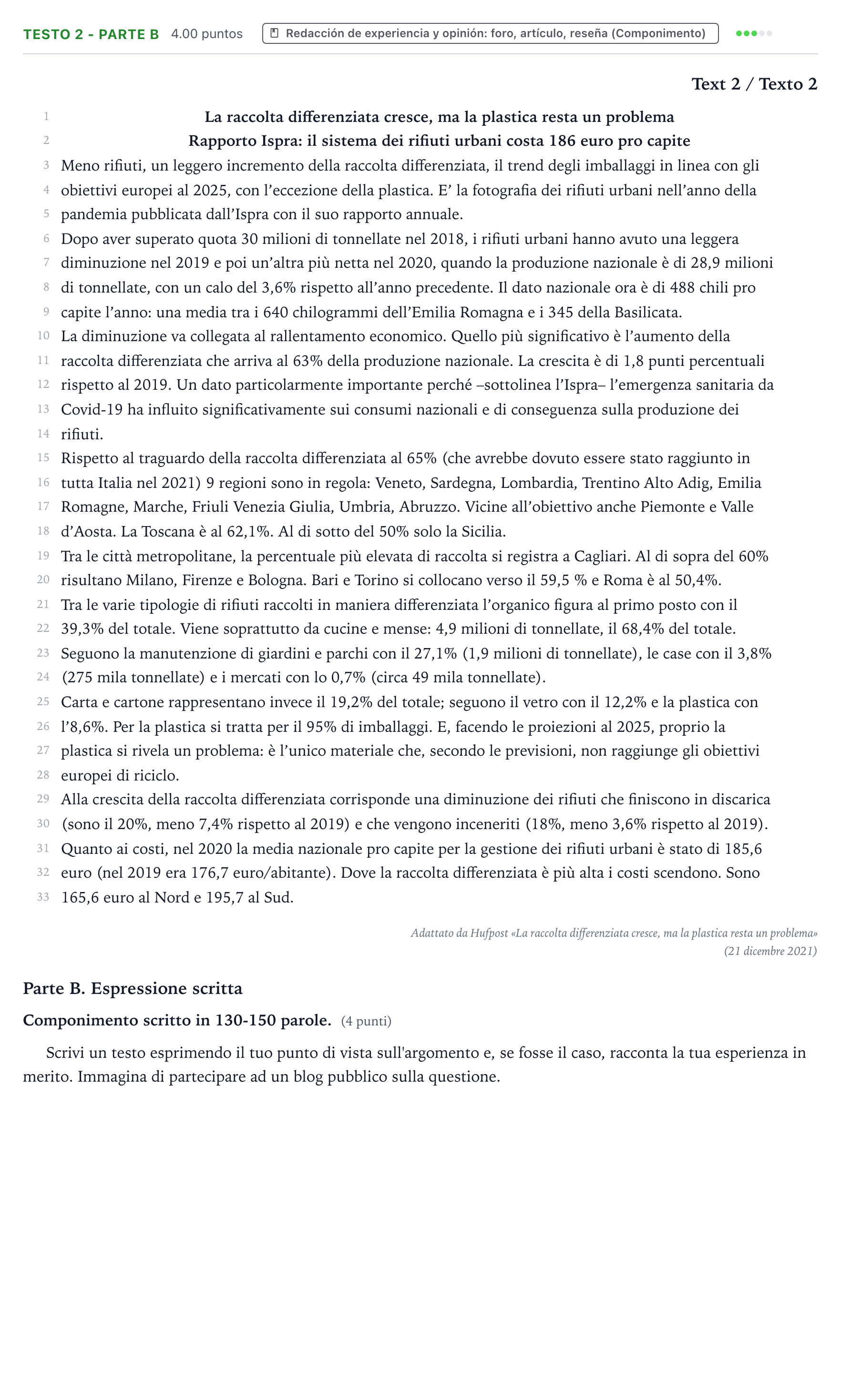 Enunciado: Ejercicio Testo 2 - Parte B · Italiano PAU Valencia Ordinaria 2022