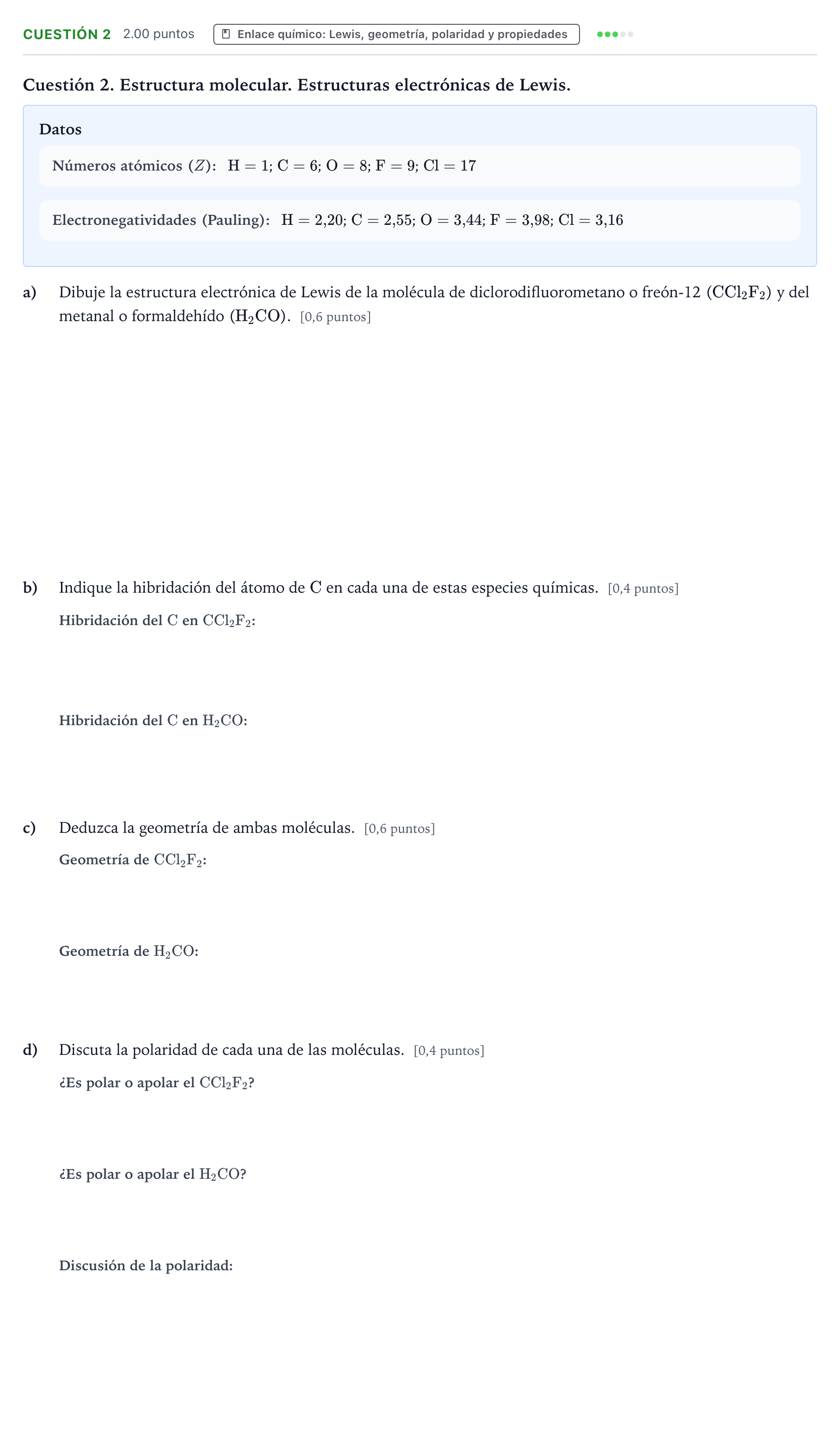 Enunciado: Cuestión 2 · Química PAU Valencia Extraordinaria 2022