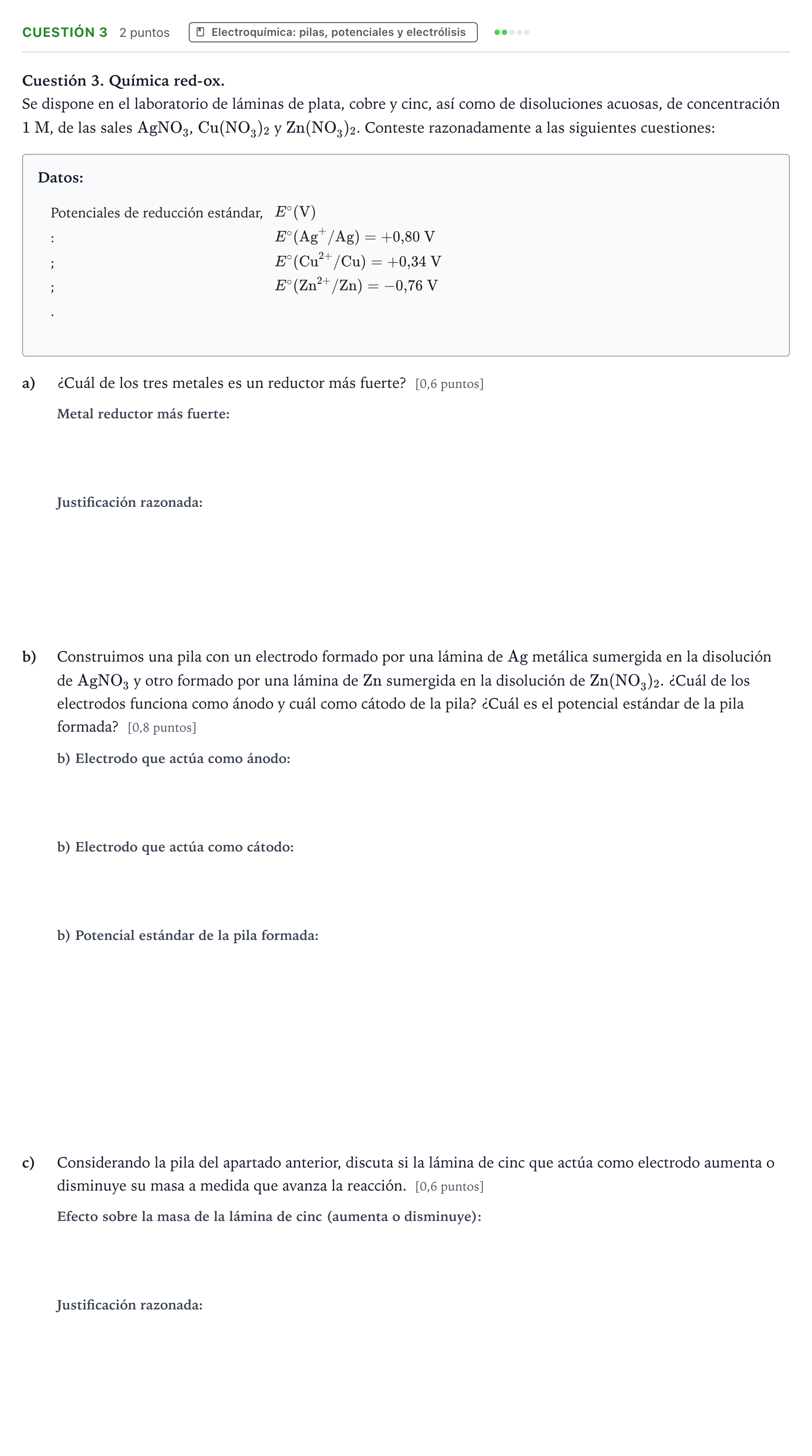 Enunciado: Cuestión 3 · Química PAU Valencia Extraordinaria 2022