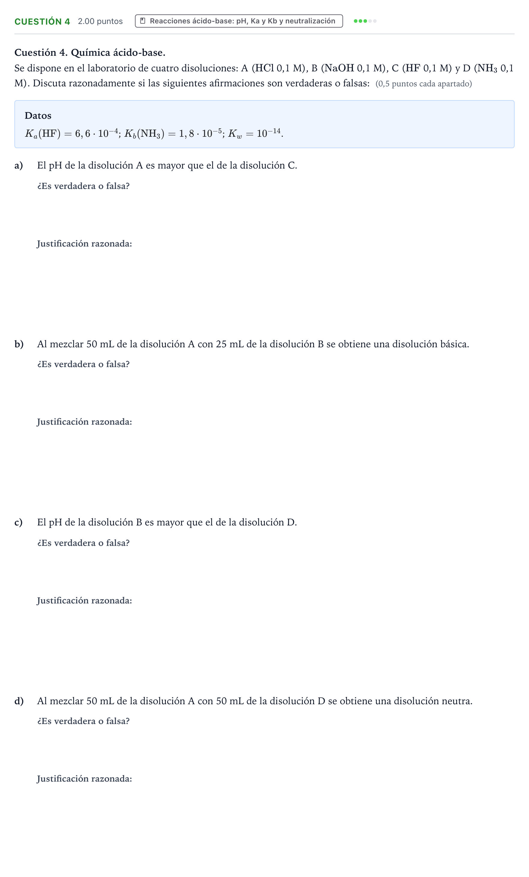 Enunciado: Cuestión 4 · Química PAU Valencia Extraordinaria 2022