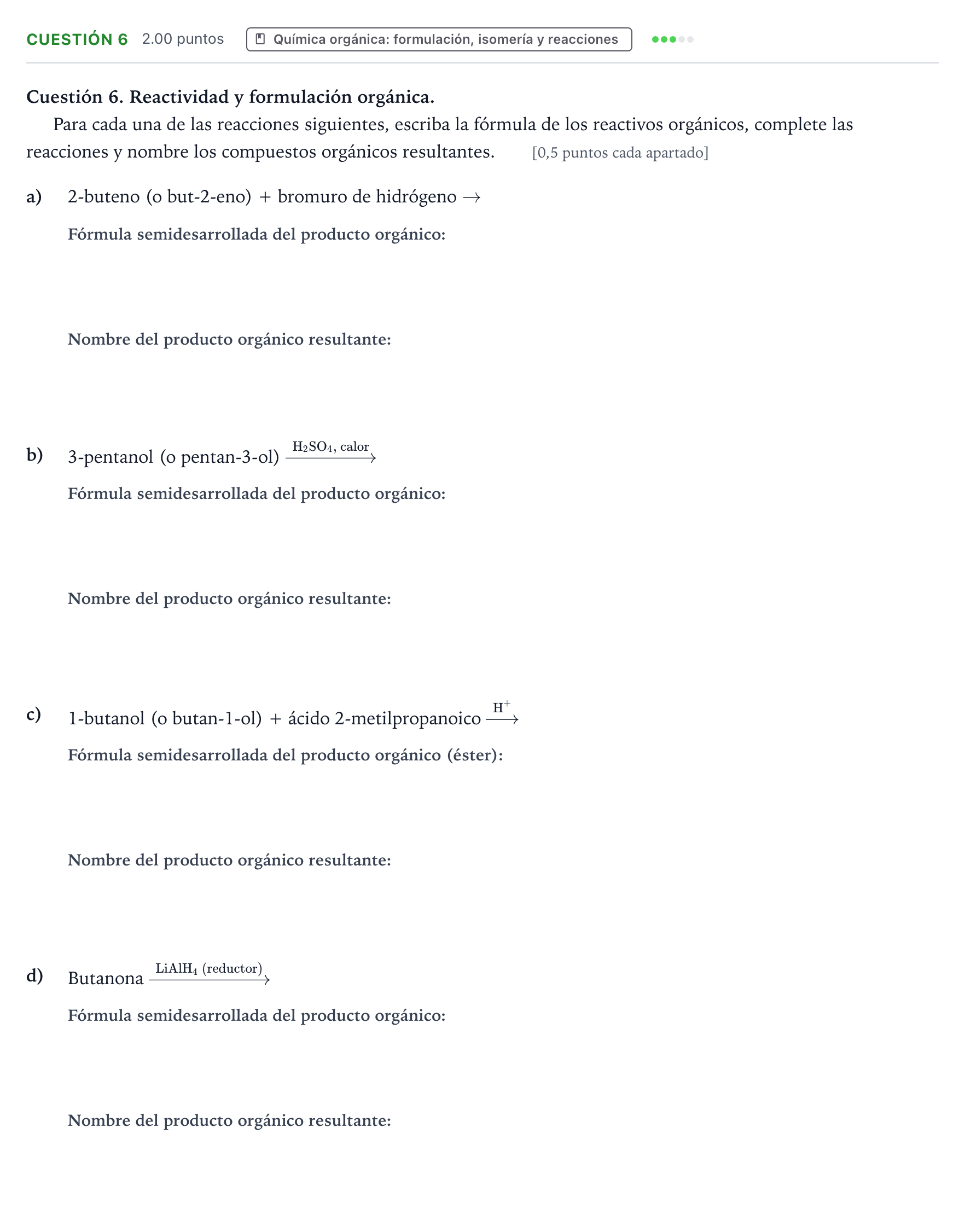 Enunciado: Cuestión 6 · Química PAU Valencia Extraordinaria 2022