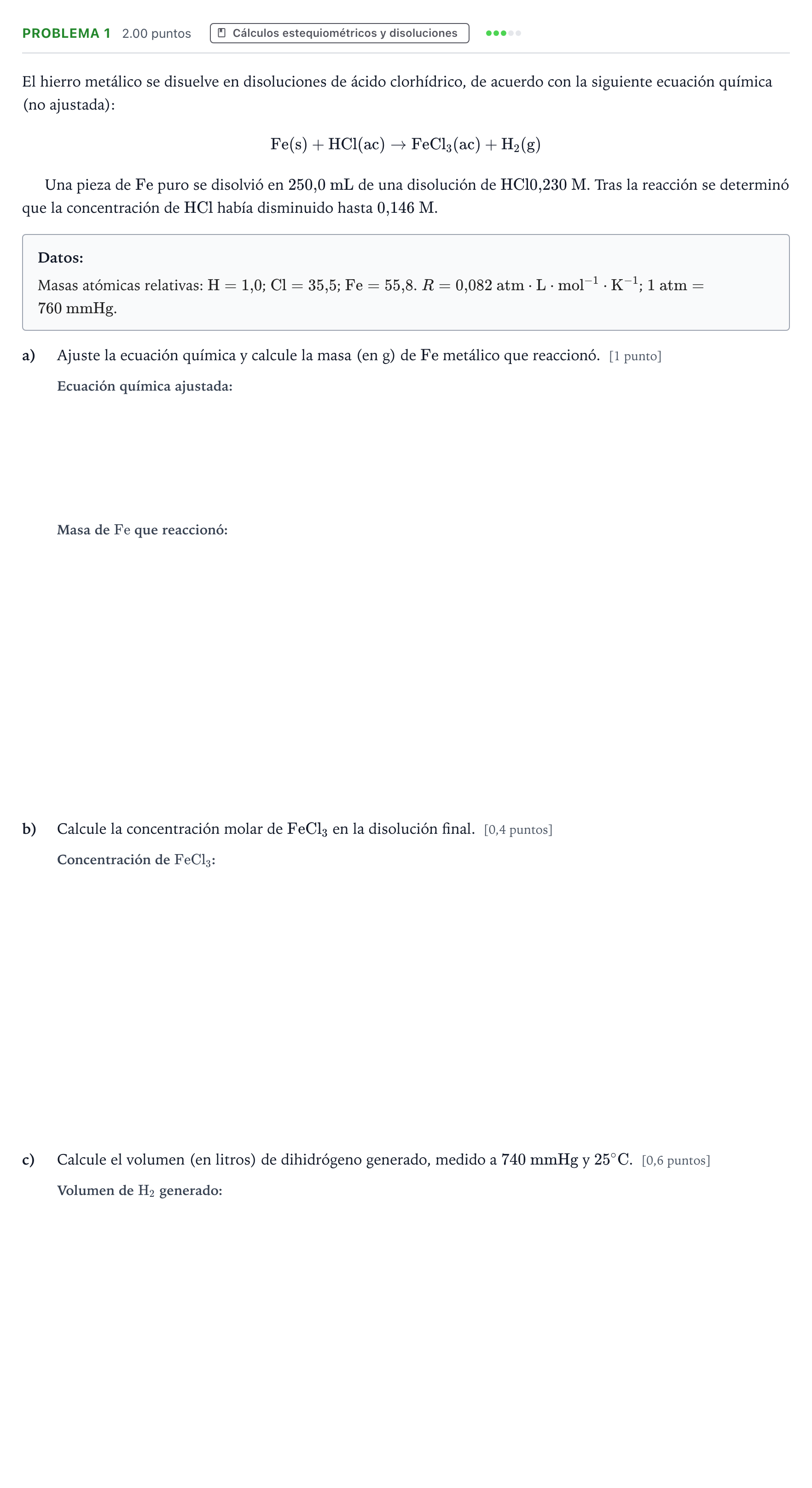 Enunciado: Problema 1 · Química PAU Valencia Extraordinaria 2022
