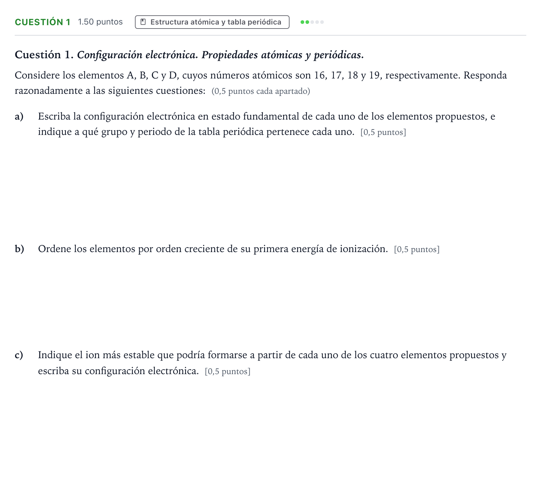 Enunciado: Cuestión 1 - Estructura atómica y tabla periódica · Química PAU Valencia Ordinaria 2022
