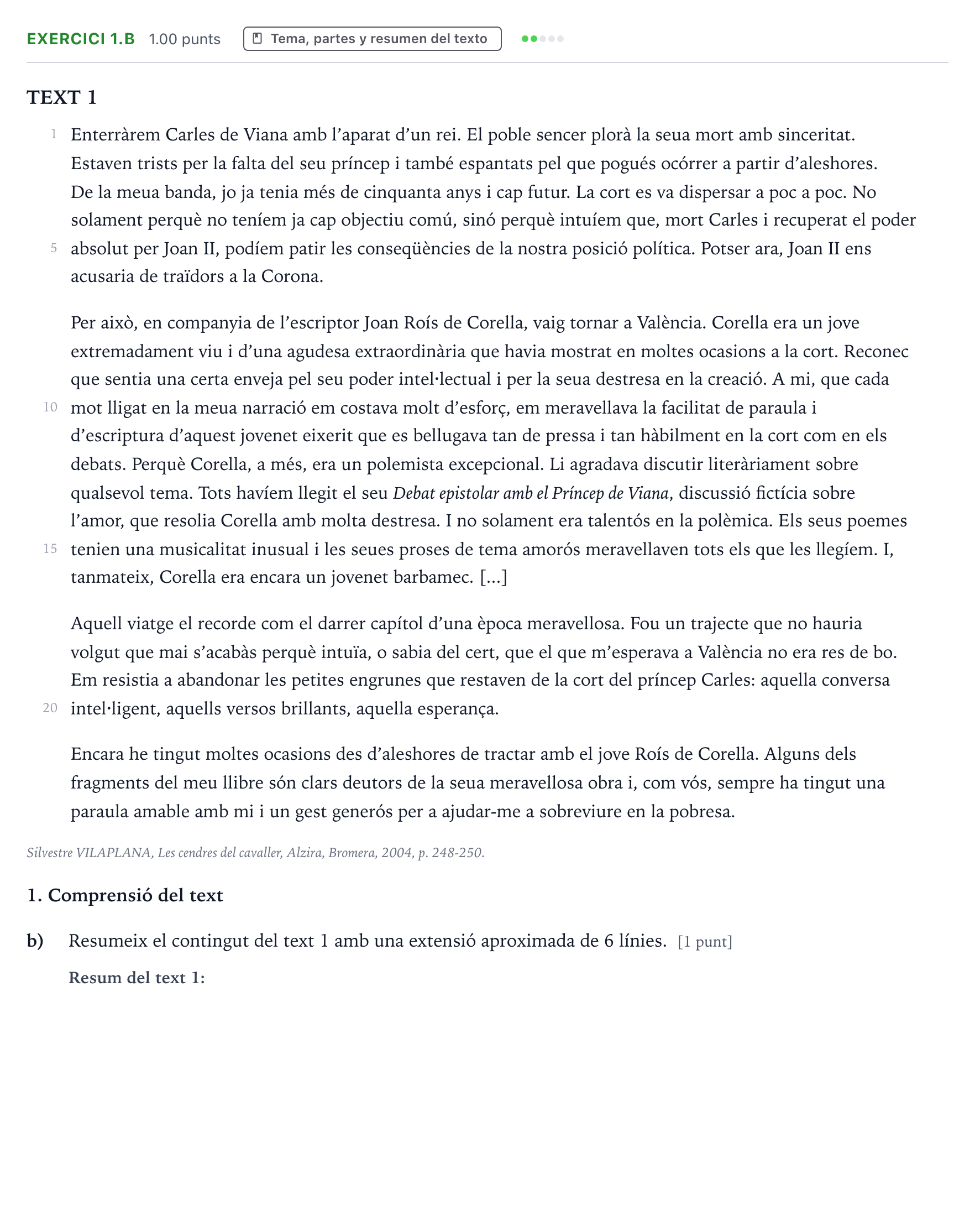 Enunciado: Ejercicio 1.b · Lengua Valenciana y Literatura II PAU Valencia Extraordinaria 2022